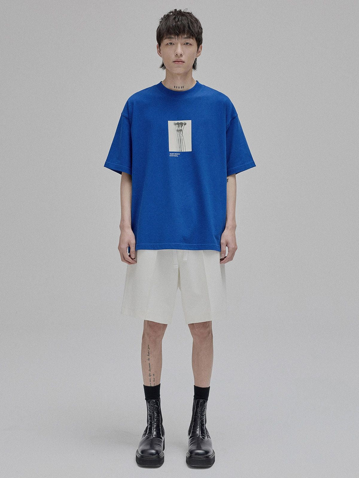 NANS Silent Growth Floral Print T Shirt in Blue - On Model