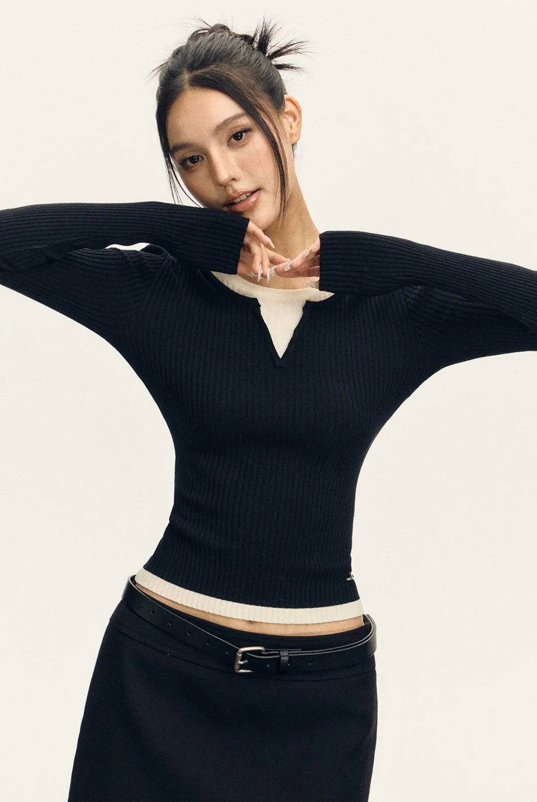 ARISEISM Mock Layer Ribbed Knit Top in Black