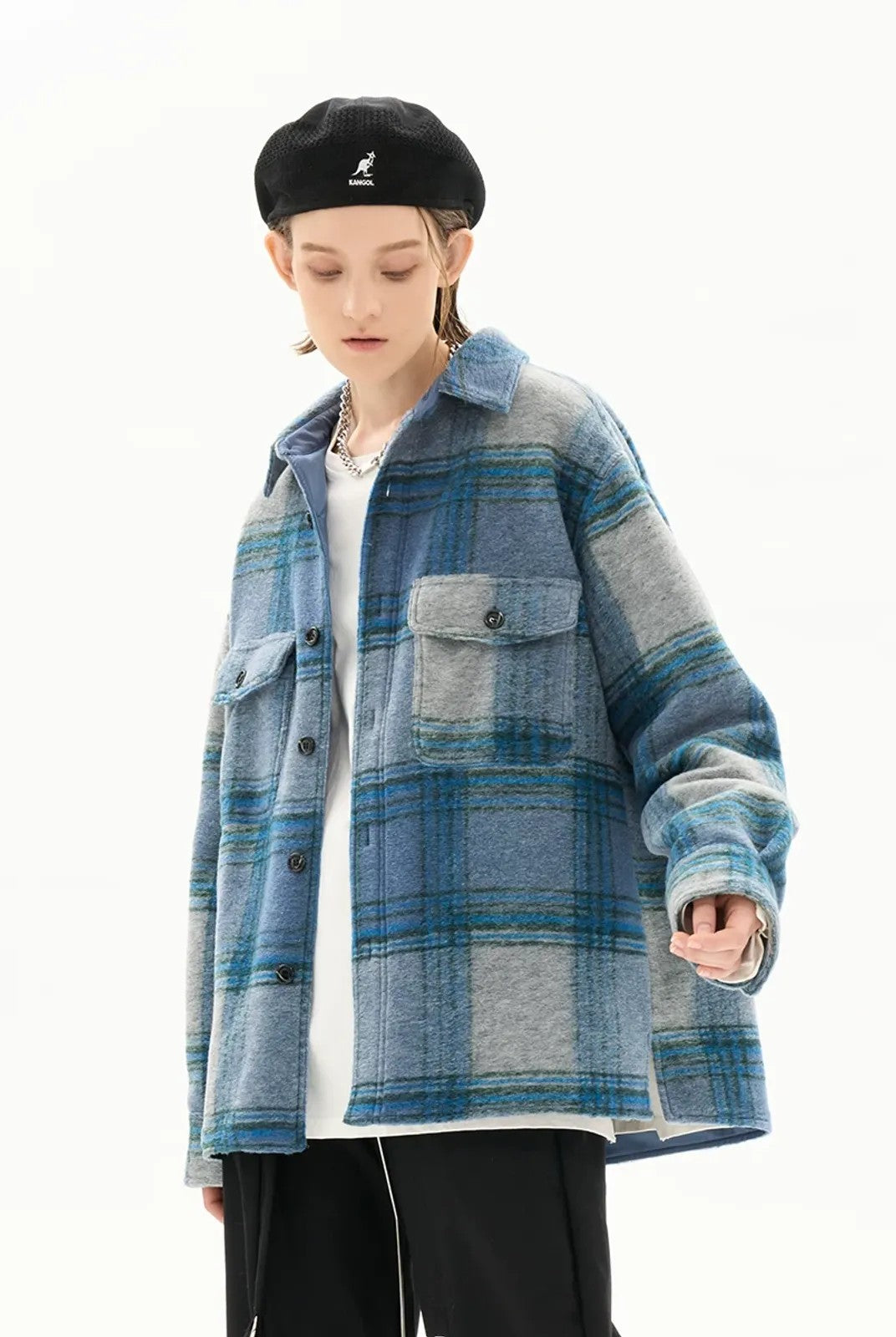 LOSTCTRL Brushed Plaid Shirt Jacket in Blue - On Model