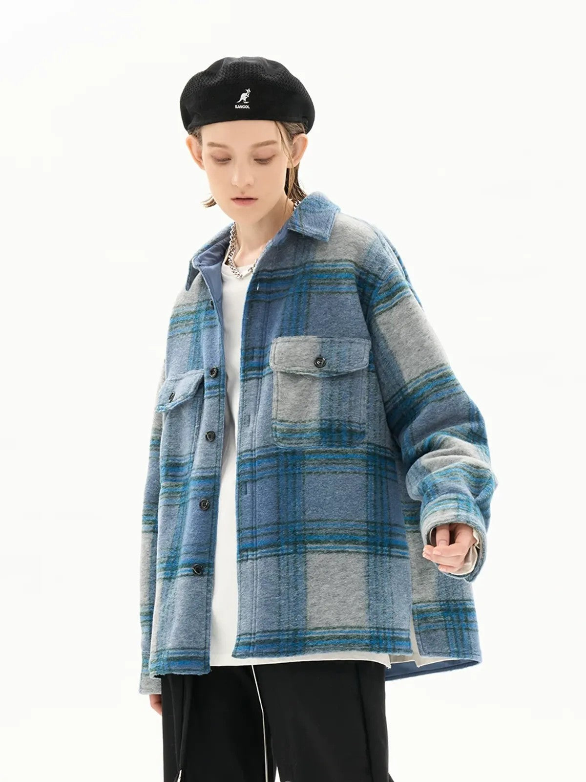 LOSTCTRL Brushed Plaid Shirt Jacket in Blue - On Model
