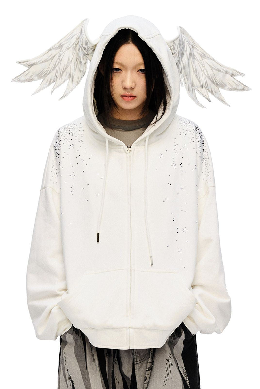 CFIERCE Rhinestone Angel Wing Zip Hoodie in White - On Female Model