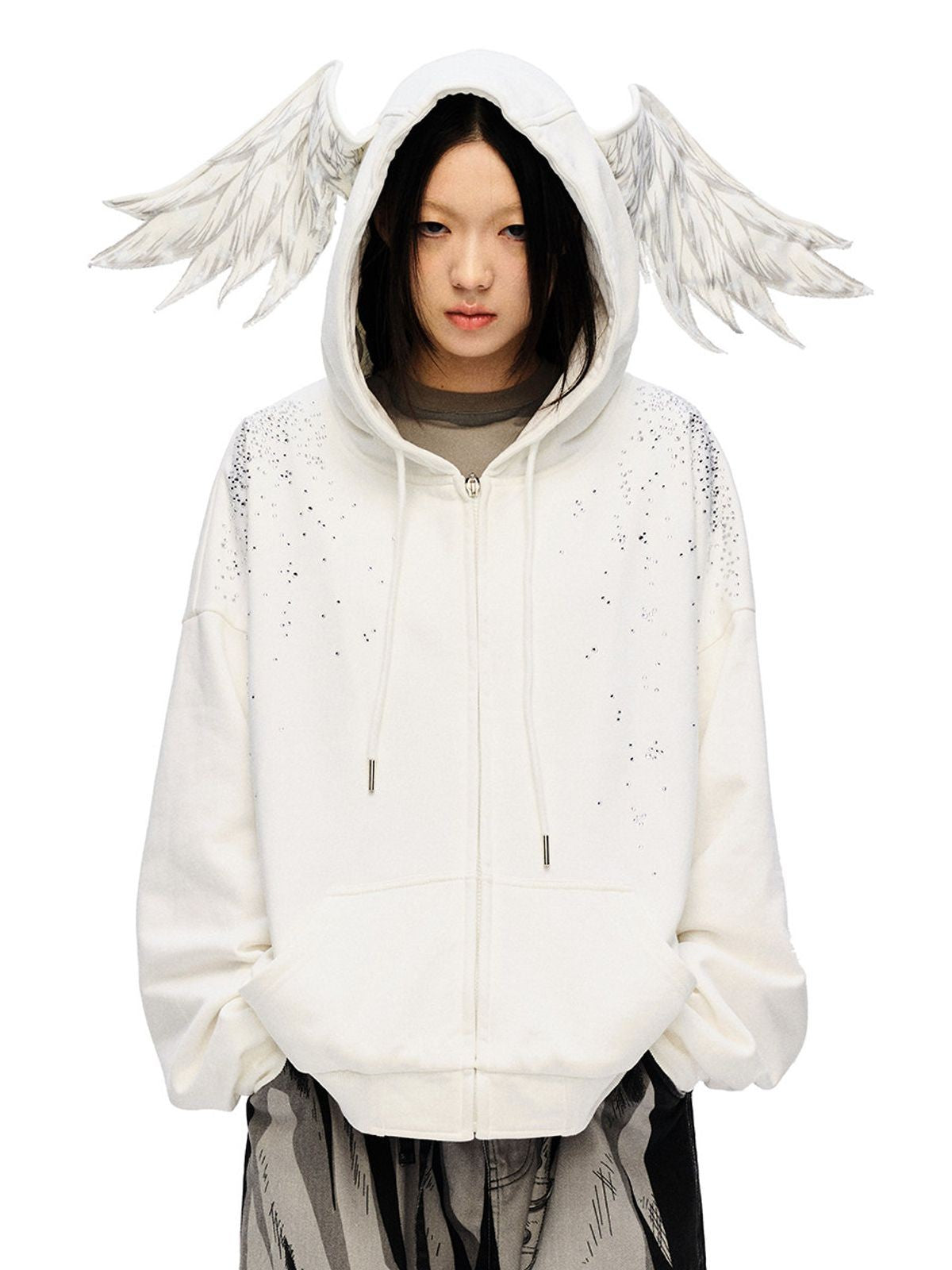 CFIERCE Rhinestone Angel Wing Zip Hoodie in White - On Female Model