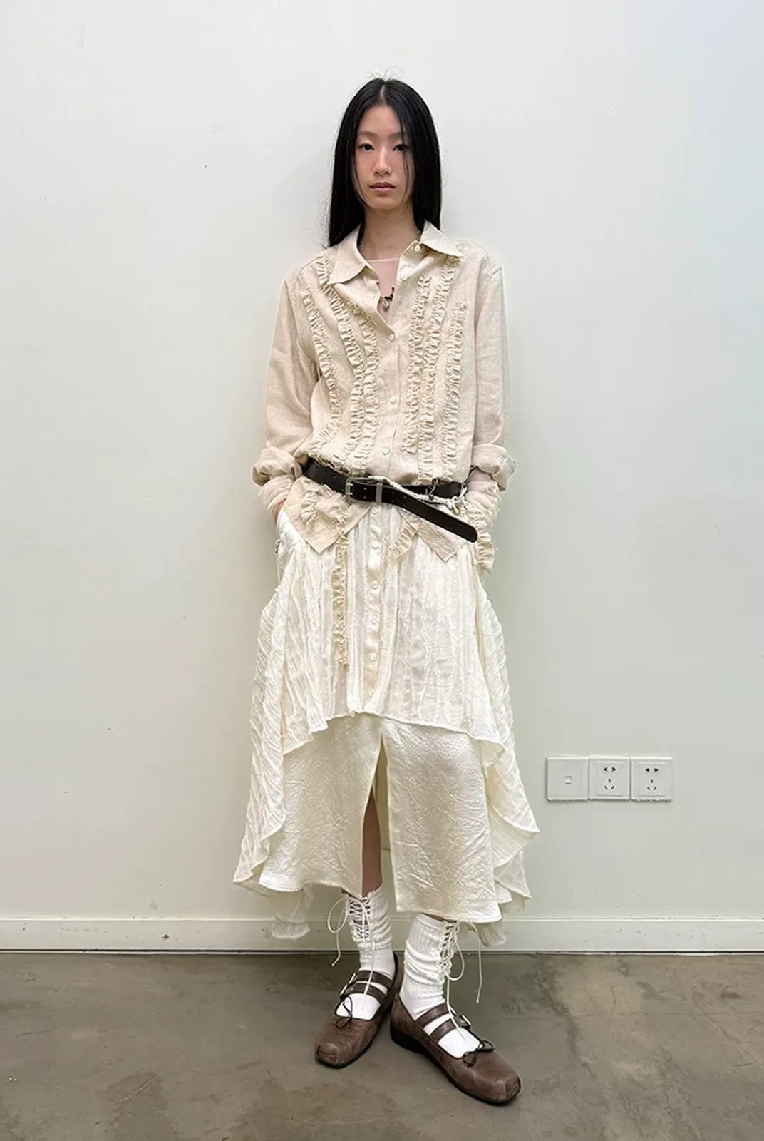 NeverSeez Lyocell Linen Fringe Shirt in Gray - On Model