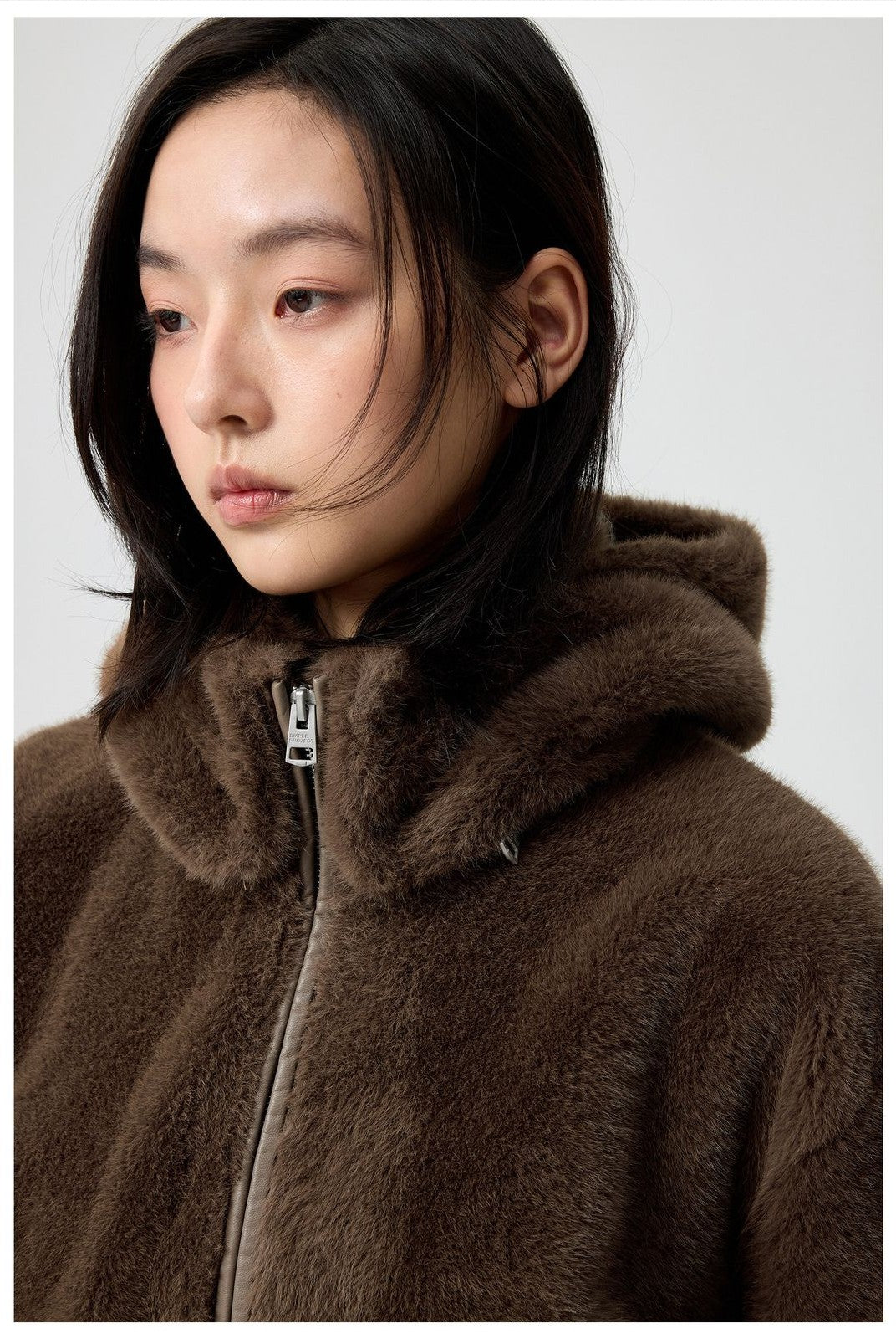 Simple Project Detachable Hood Faux Fur Jacket in Brown - On Model