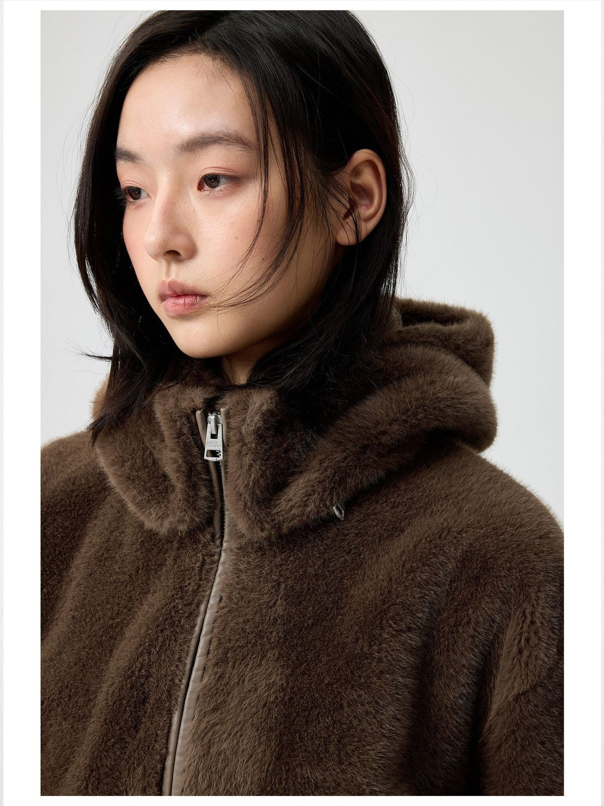 Simple Project Detachable Hood Faux Fur Jacket in Brown - On Model