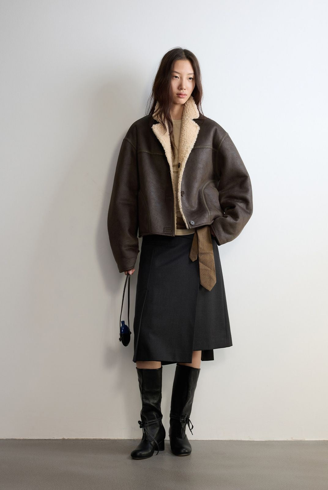 RandomPiece Reversible Faux Suede Wool Jacket in Dark Gray - On Model