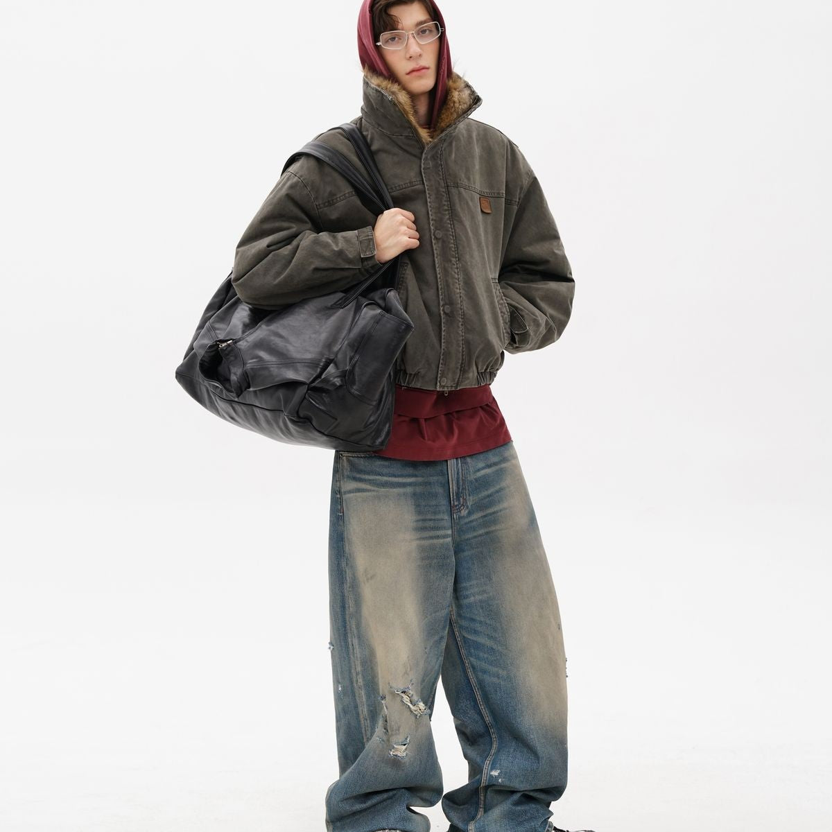 MASONPRINCE Fox Fur Collar Canvas Hunting Jacket in Green - On Model #color_green