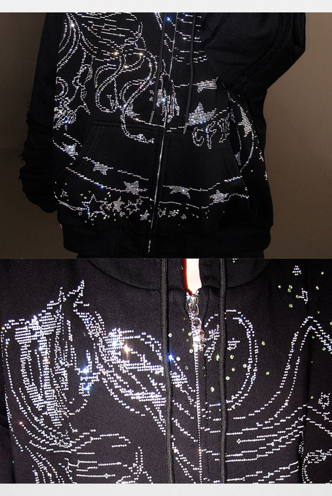 CFIERCE Rhinestone Snake Girl Zip Hoodie in Black - Detail