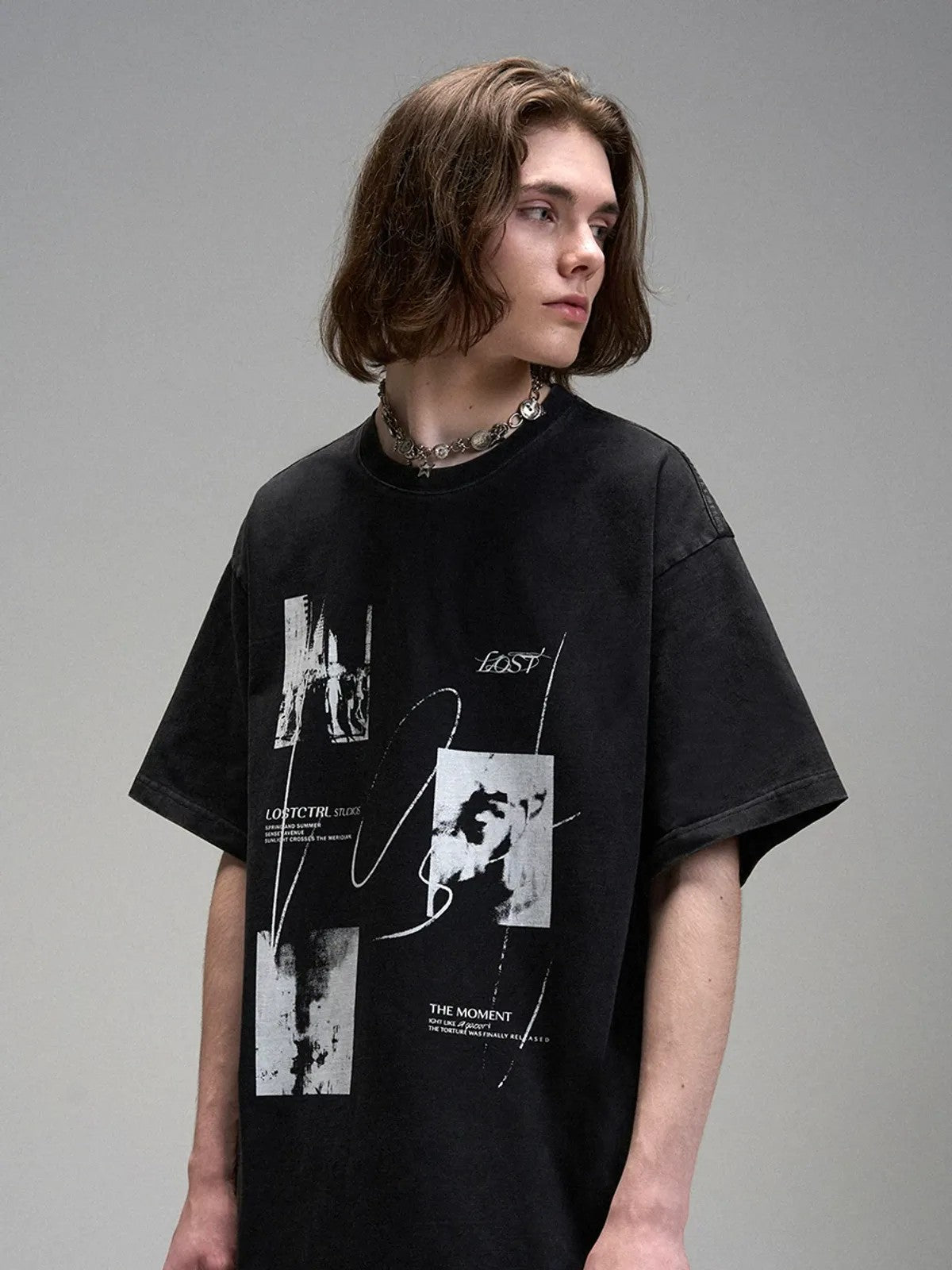 LOSTCTRL Heavyweight Washed Cotton Graphic Tee in Black - On Model