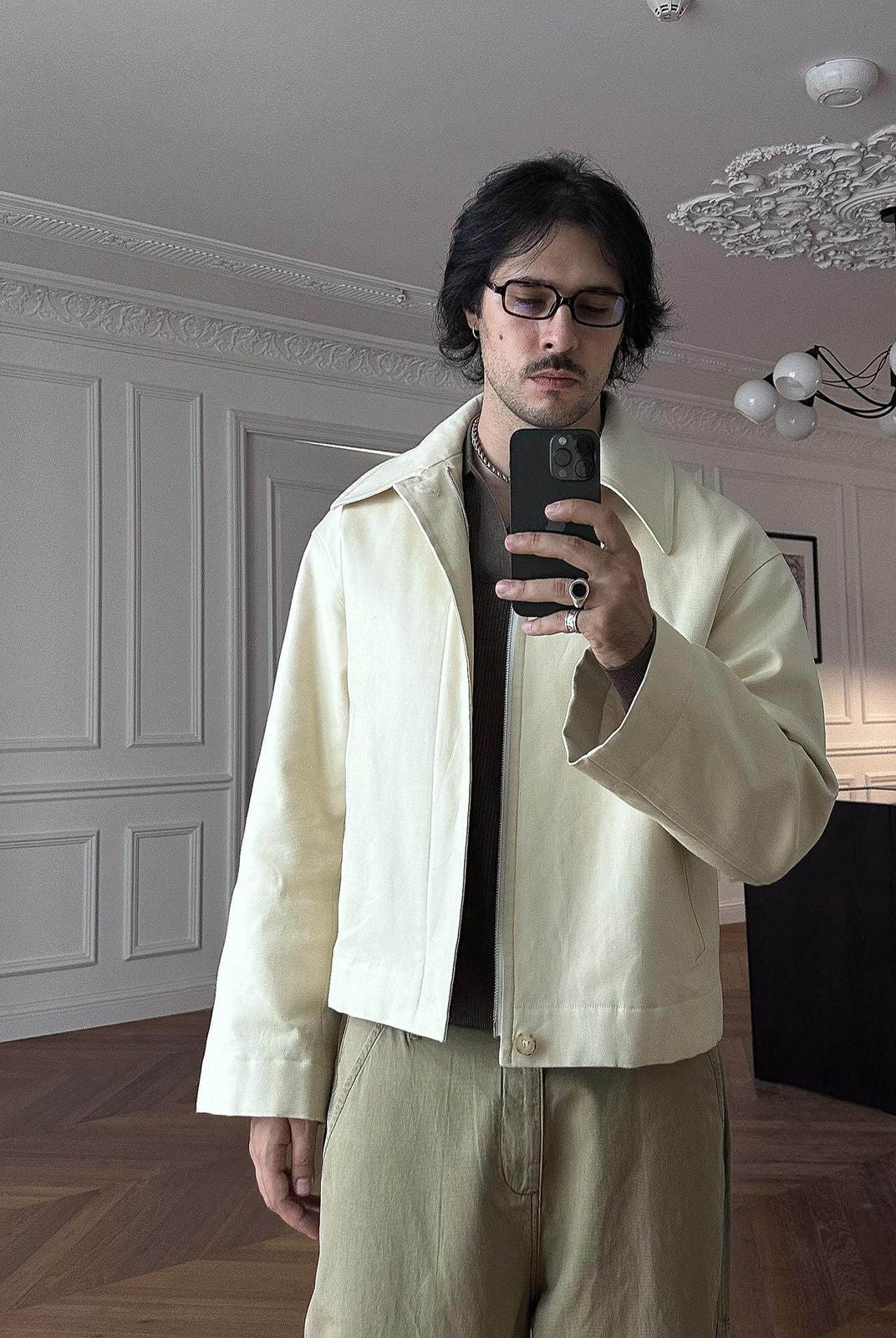 Roolrren Homme Curved Sleeve Padded Cotton Jacket in Cream - On Model