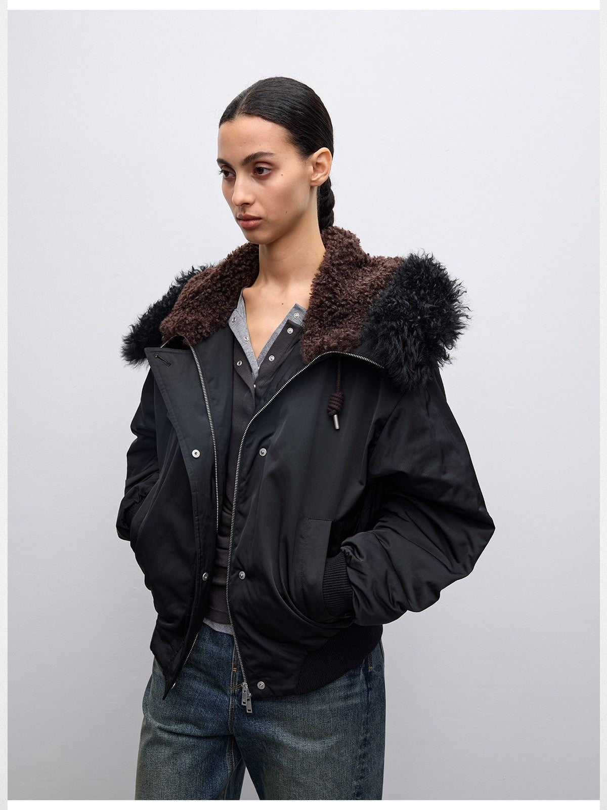 RandomPiece Short Hooded Duck Down Bomber in Black - On Model