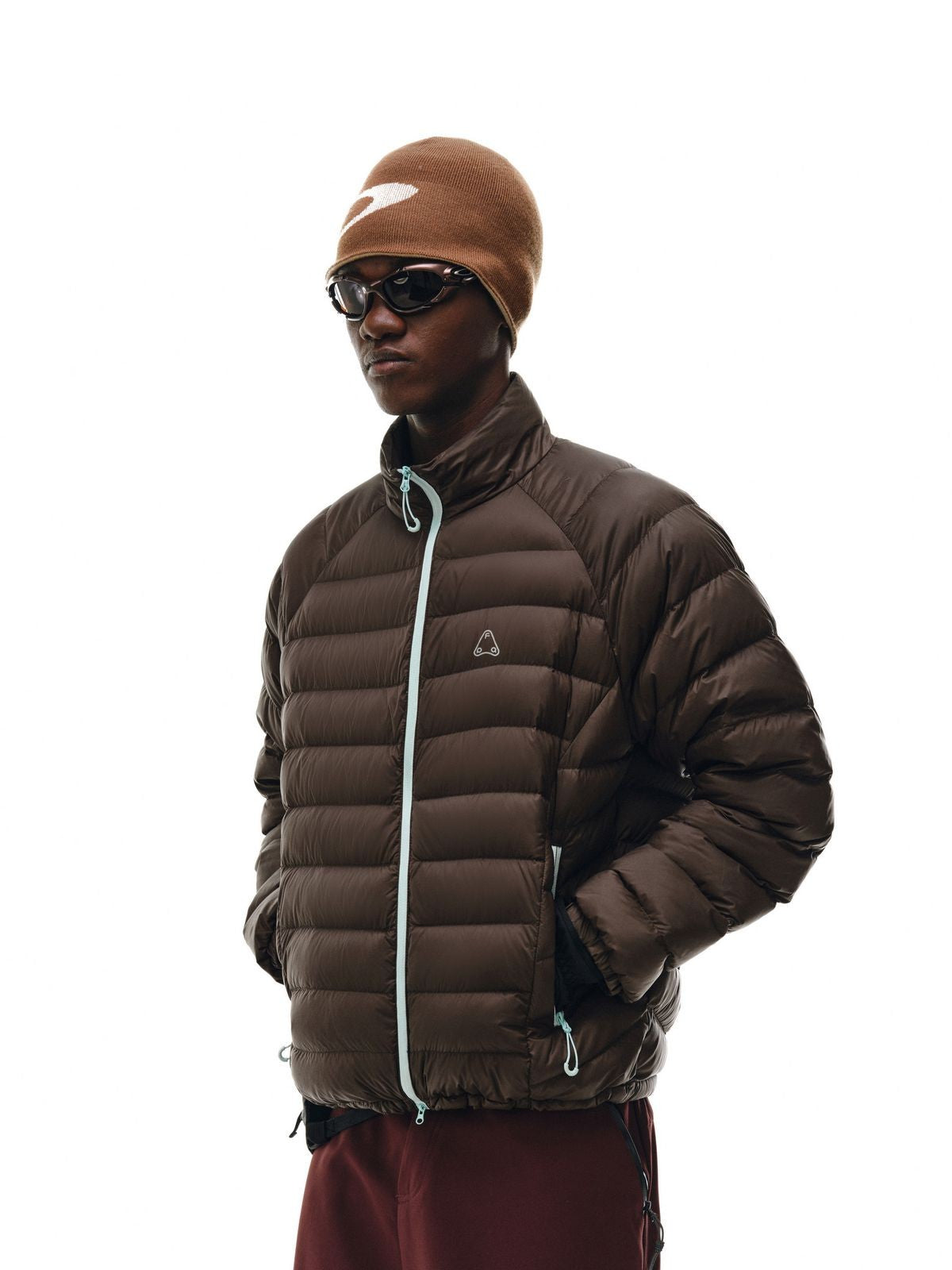 FPA Contrast Zip Down Puffer in Brown - On Male Model