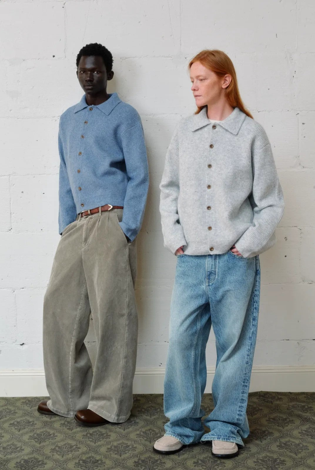 VLABMADE Ribbed Wool Blend Lapel Cardigan in Blue - Lifestyle