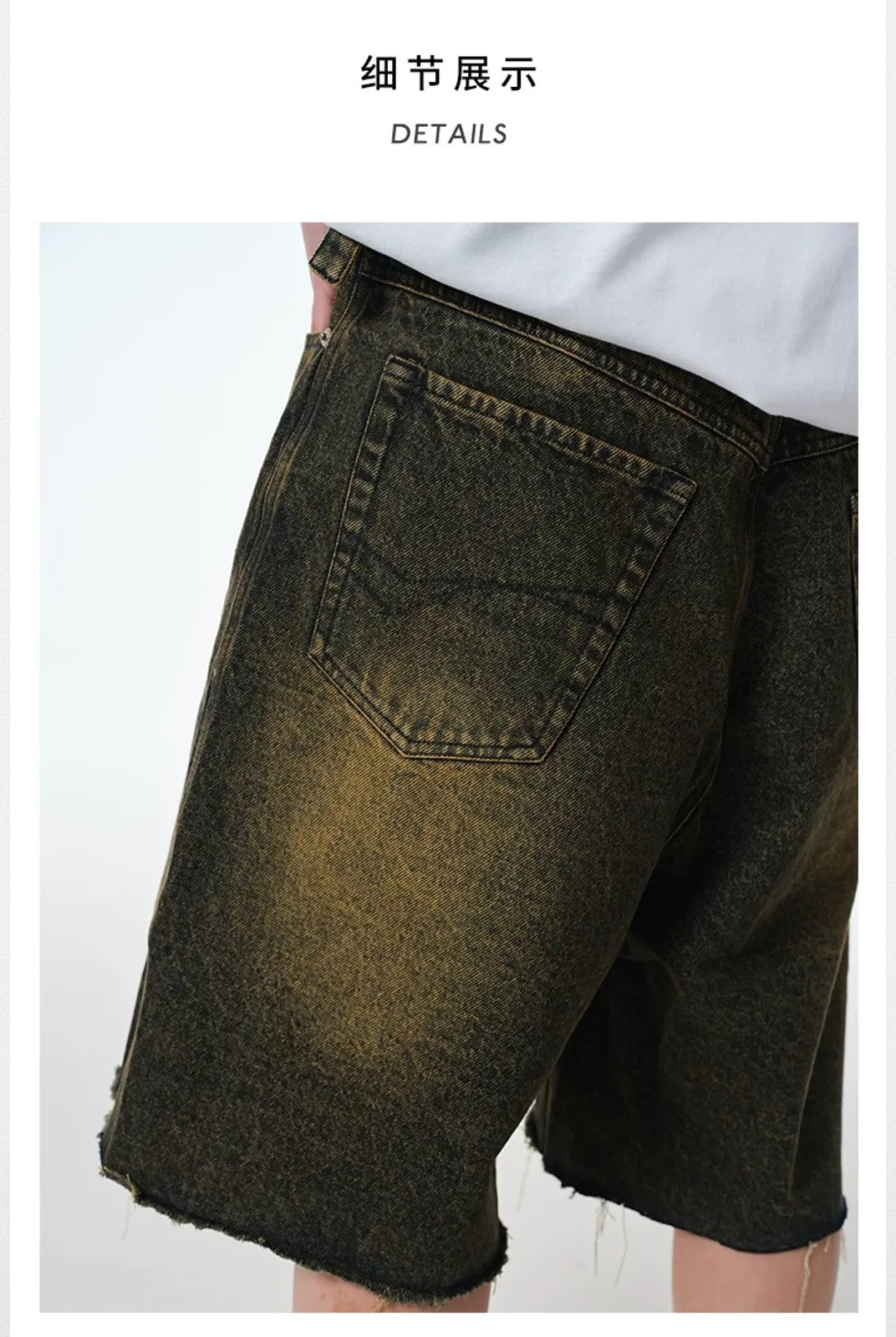 TRIANGLE PROJECT Washed Distressed Yellow Tint Denim Shorts in Denim - On Model