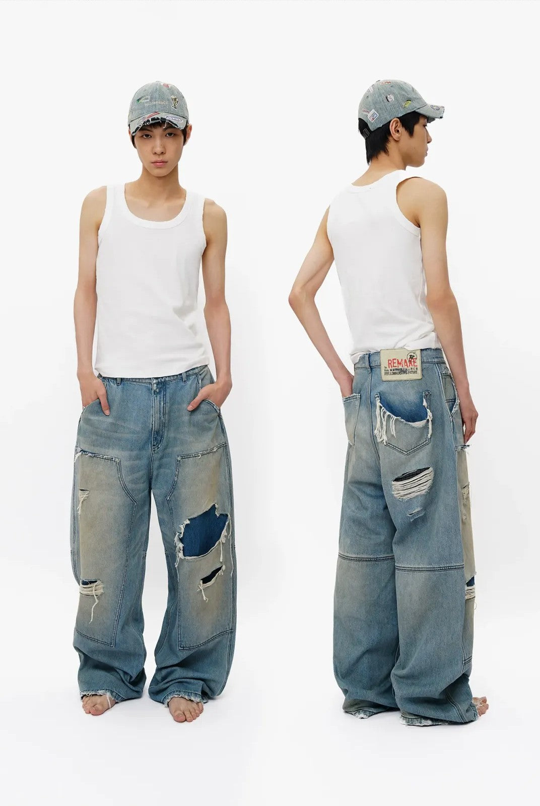 MASONPRINCE Distressed Coarse Weave Jeans in Denim - On Model