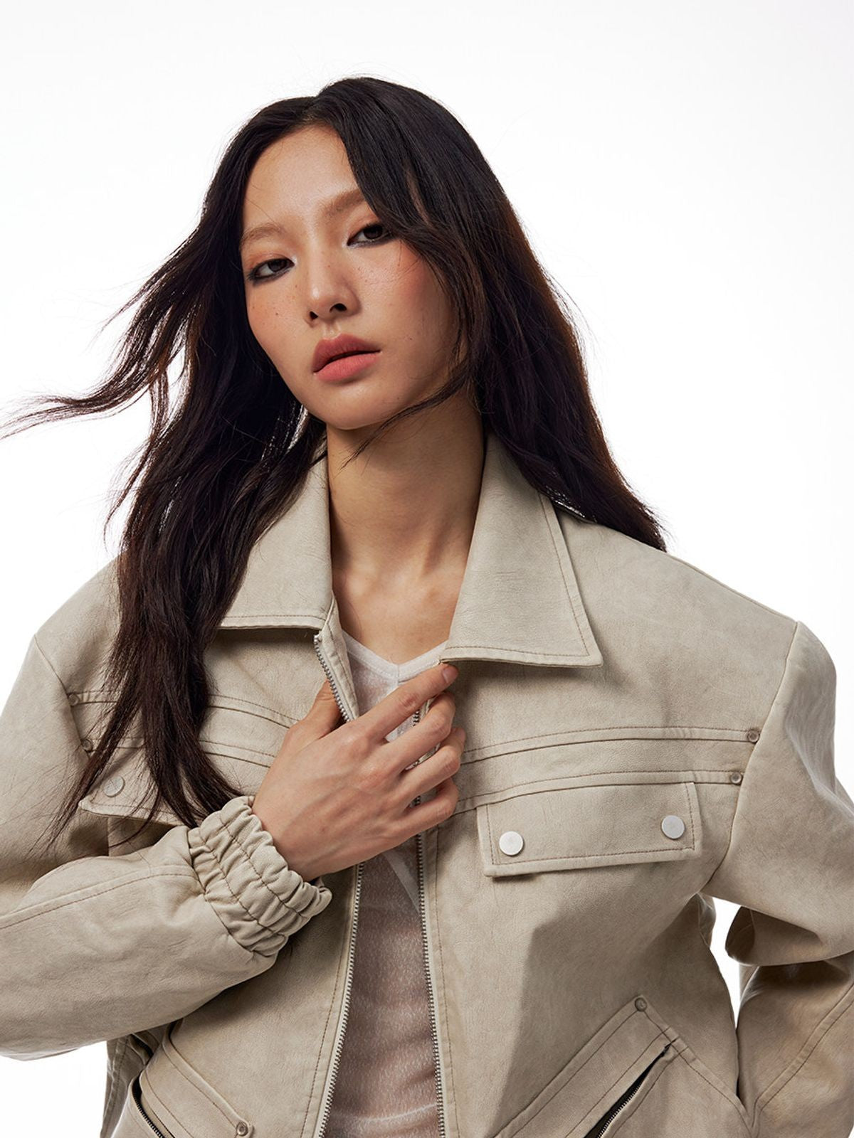 THELIGHT OFFICIAL Distressed Faux Leather Padded Bomber in White - On Model