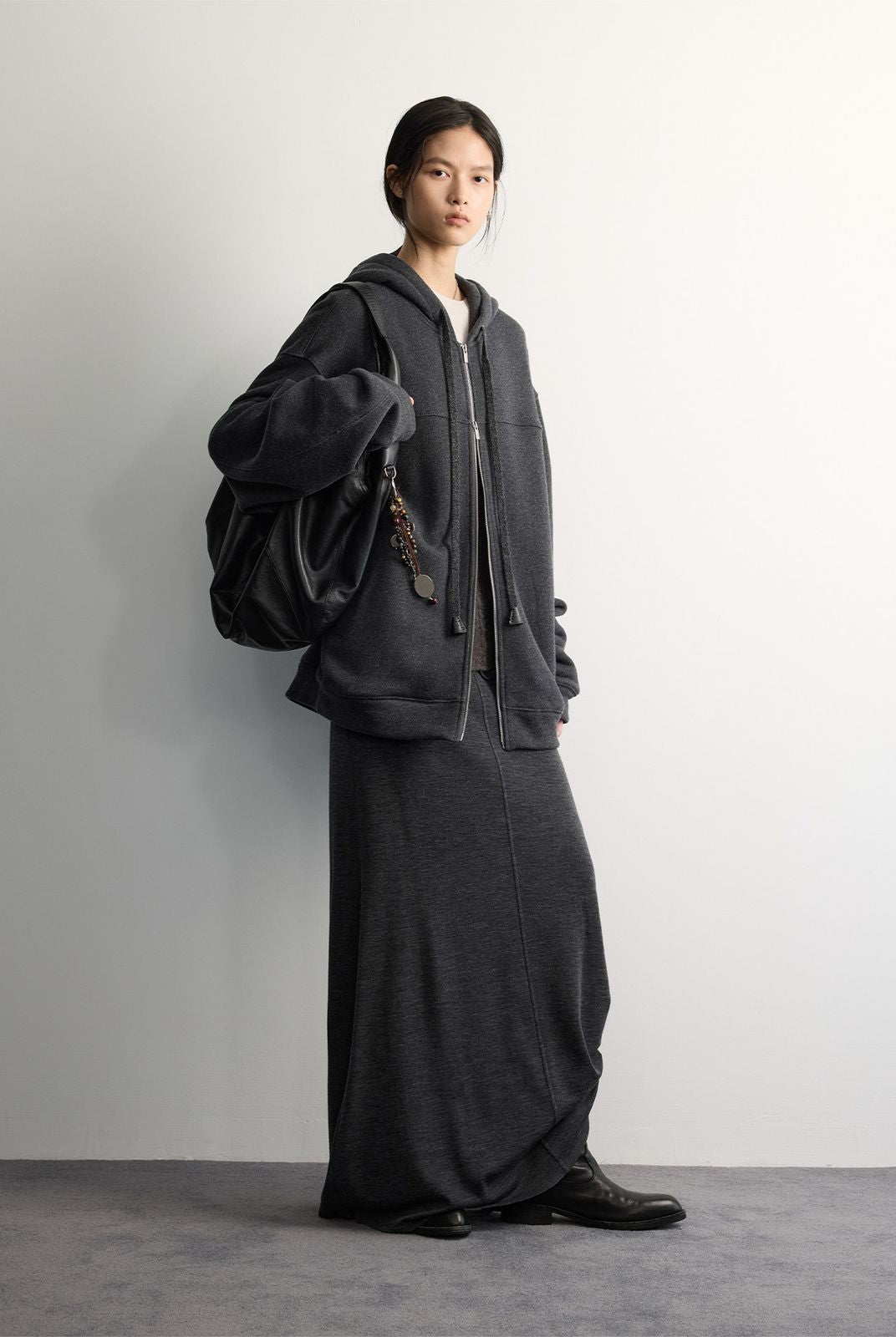 RandomPiece Fleece Lined Cotton Wool Zip Hoodie in Gray - On Model