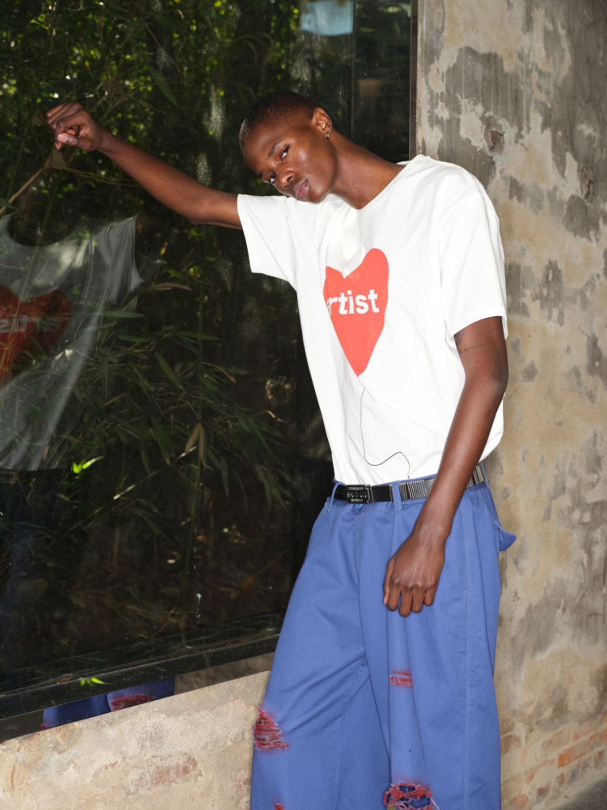 TRIANGLE PROJECT Heart Print Cotton T Shirt in White - On Model