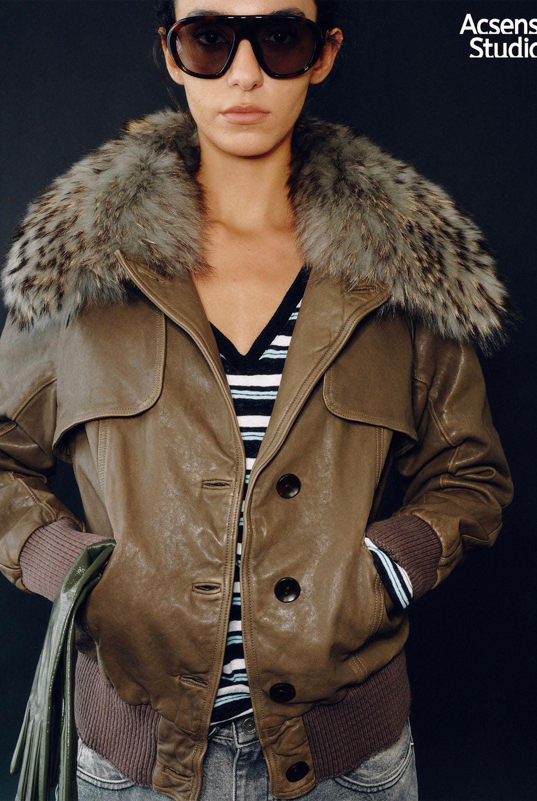 ACSENSE STUDIO Lambskin Jacket with Detachable Fur in Green - On Model