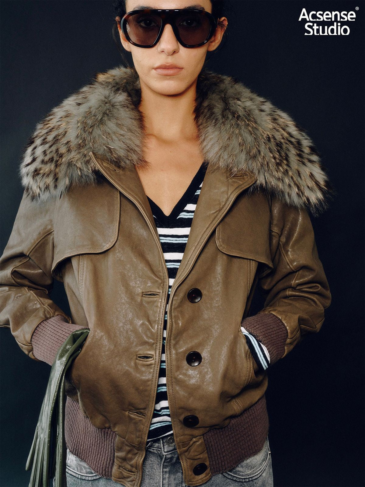 ACSENSE STUDIO Lambskin Jacket with Detachable Fur in Green - On Model