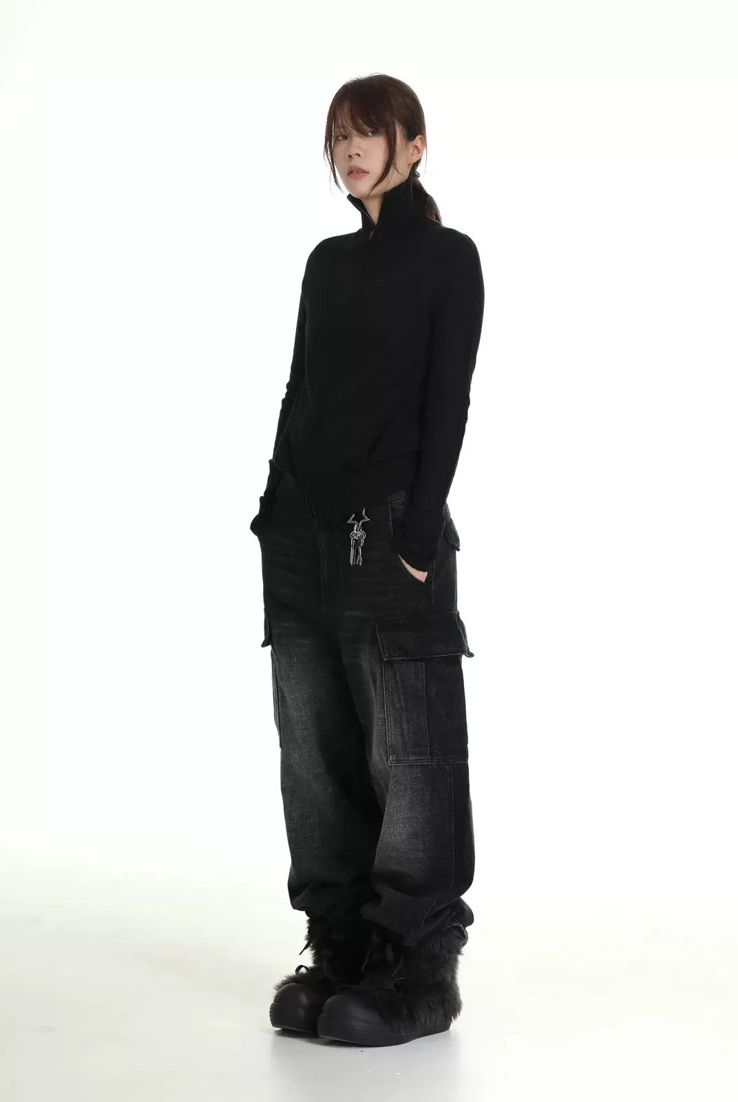 MASONPRINCE High Neck Cotton Blend Cardigan in Black - On Model