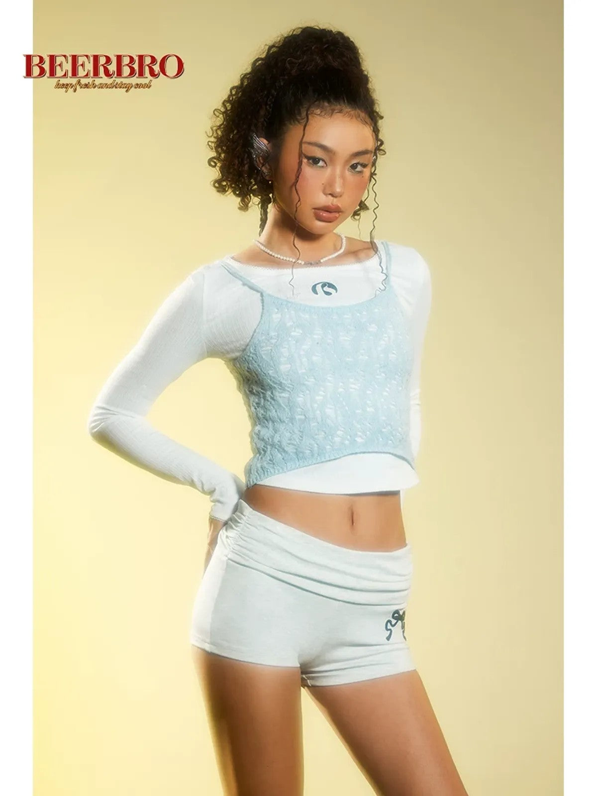 BeerBro Ribbed Embroidered Long Sleeve Top in White - On Model