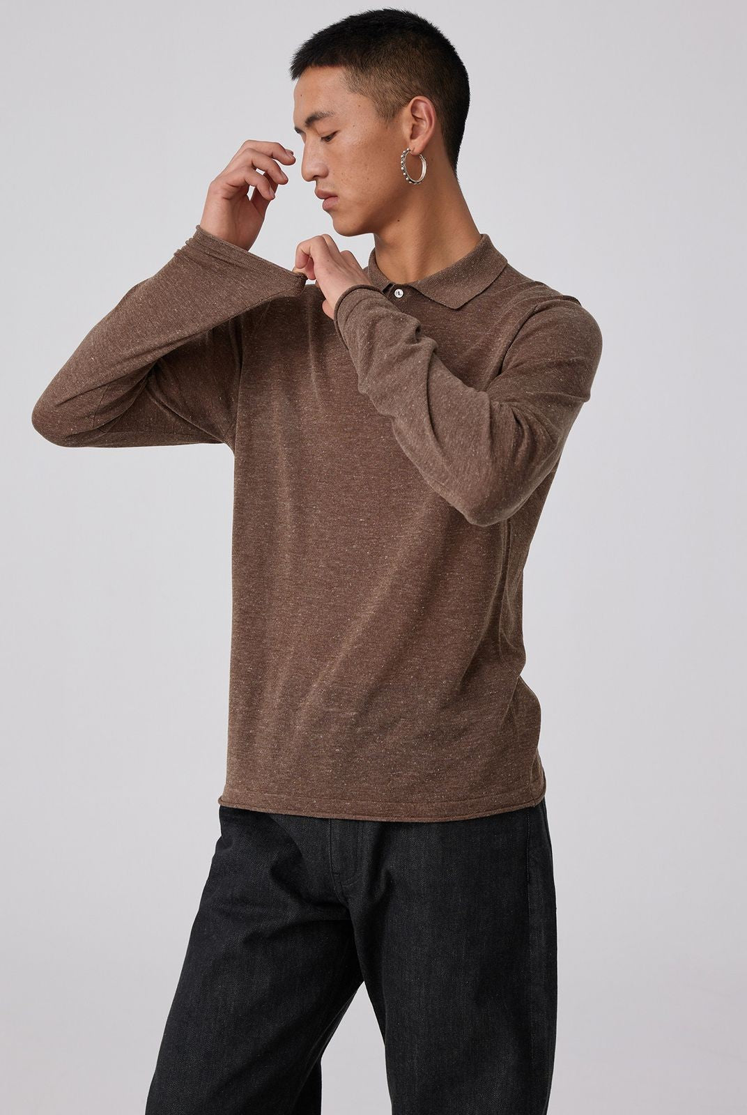 Simple Project Semi Sheer Linen Blend Knit Polo in Brown - On Male Model