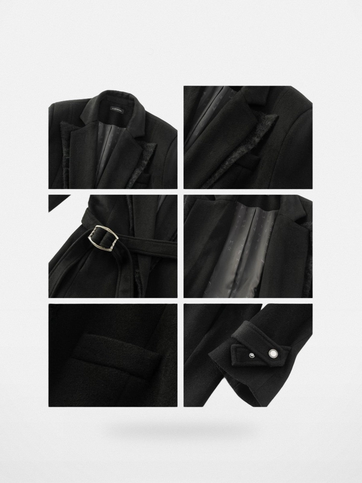 Y OFFICIAL Panelled Wool Belted Coat in Black - Detail