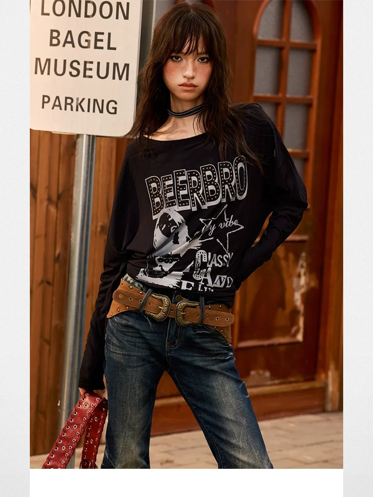 BeerBro Studded Rhinestone Micro Flare Jeans in Navy - On Model