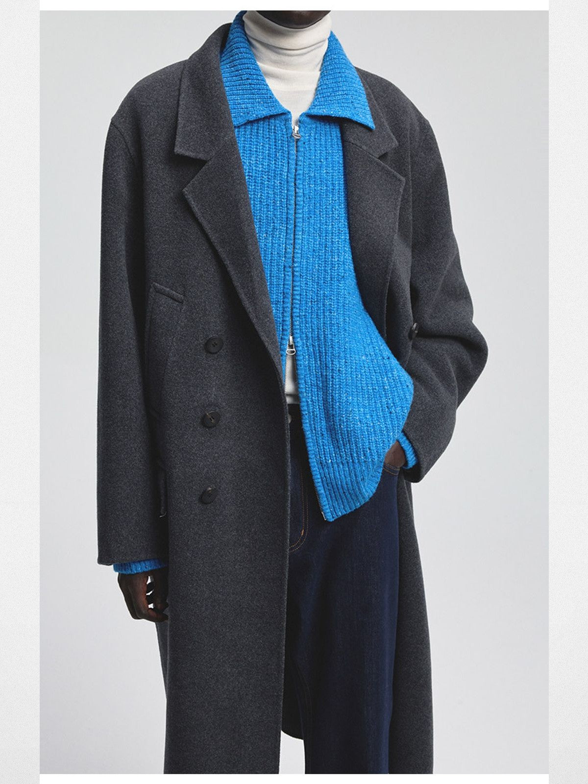 NANS Double Breasted Wool Cashmere Coat in Gray - On Model