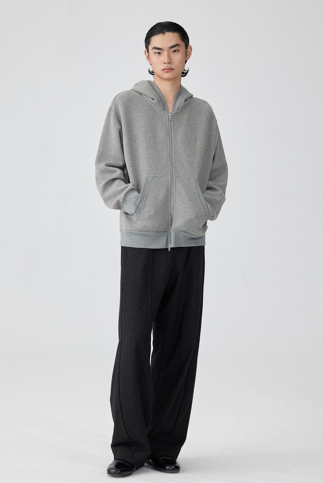 Simple Project Air Layer Zip Up Hoodie in Gray - On Male Model