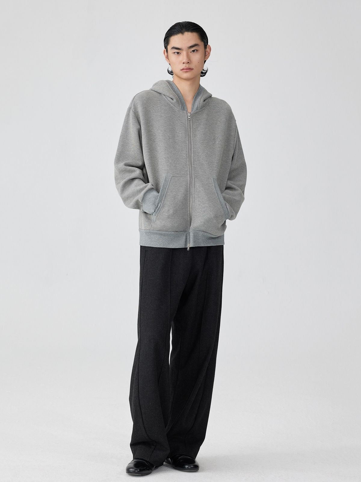 Simple Project Air Layer Zip Up Hoodie in Gray - On Male Model