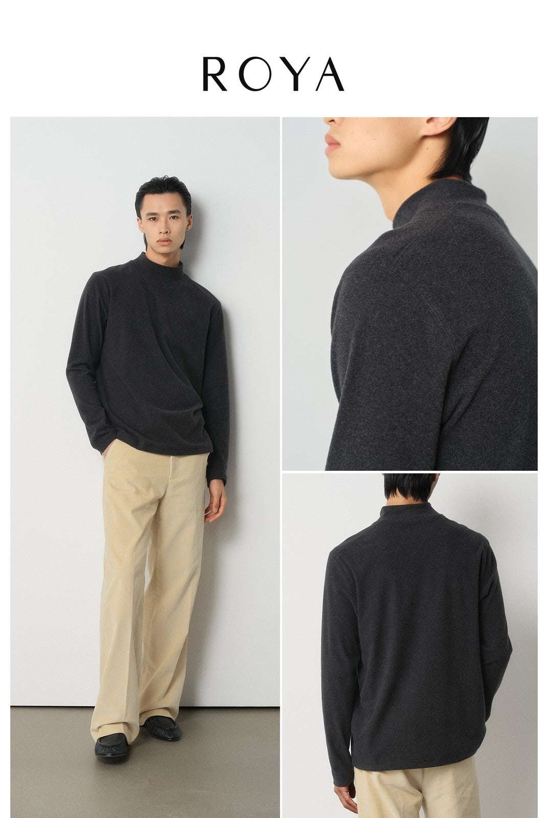 ROYA Merino Cotton Blend Mock Neck in Heather Gray - On Model