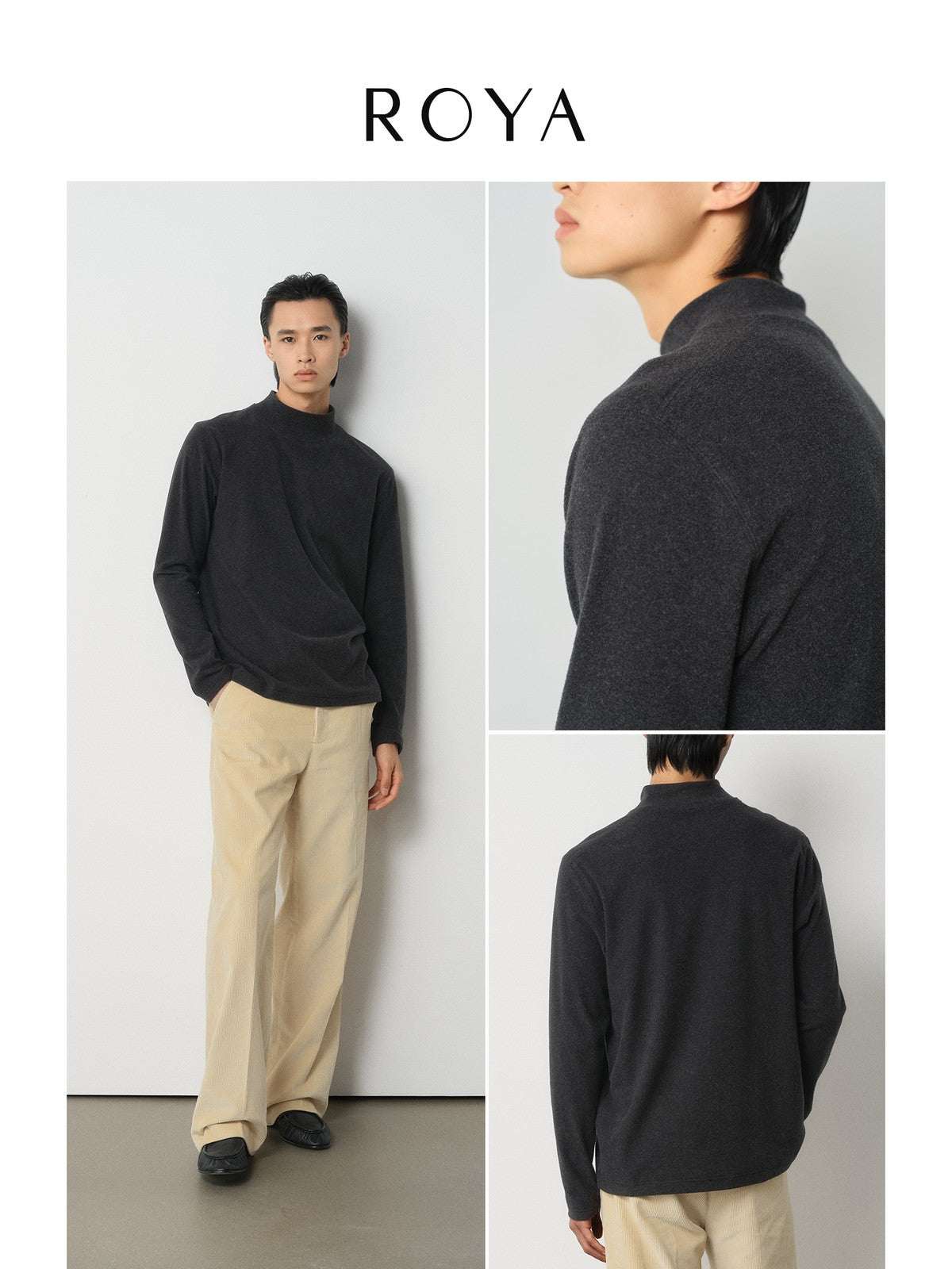 ROYA Merino Cotton Blend Mock Neck in Heather Gray - On Model