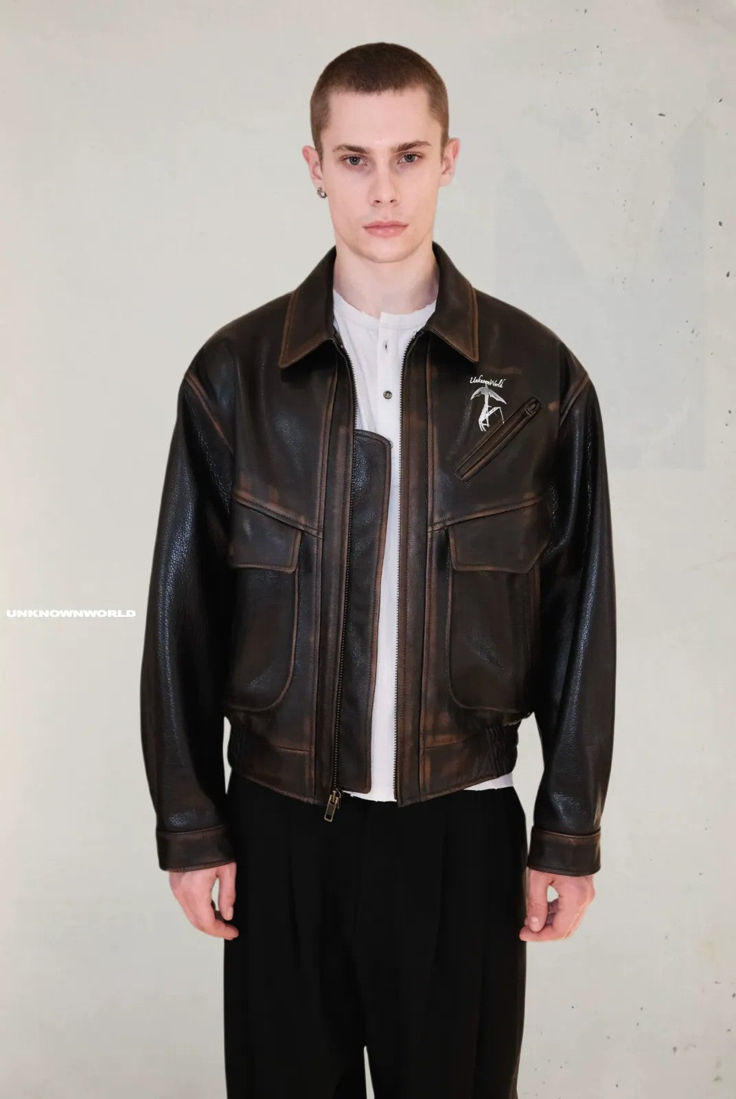 UNKNOWNWORLD Distressed Cowhide Flight Jacket in Brown - On Model