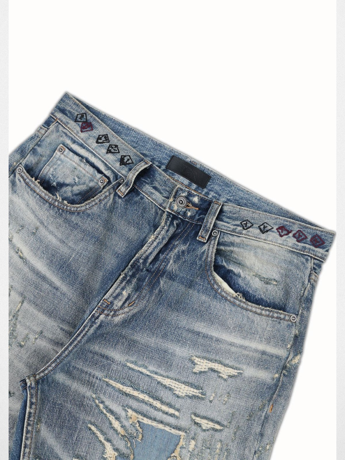 SOD Distressed Graffiti Embroidered Jeans in Blue