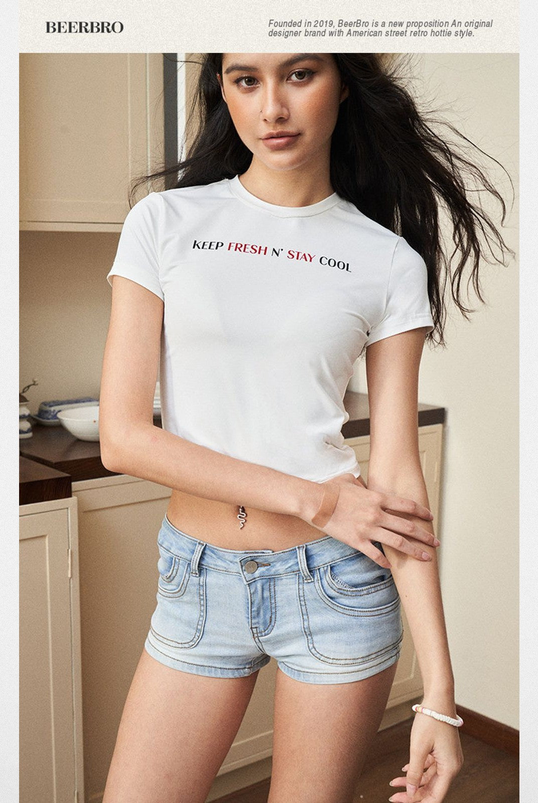 BeerBro Slogan Print Baby Tee in White - On Model