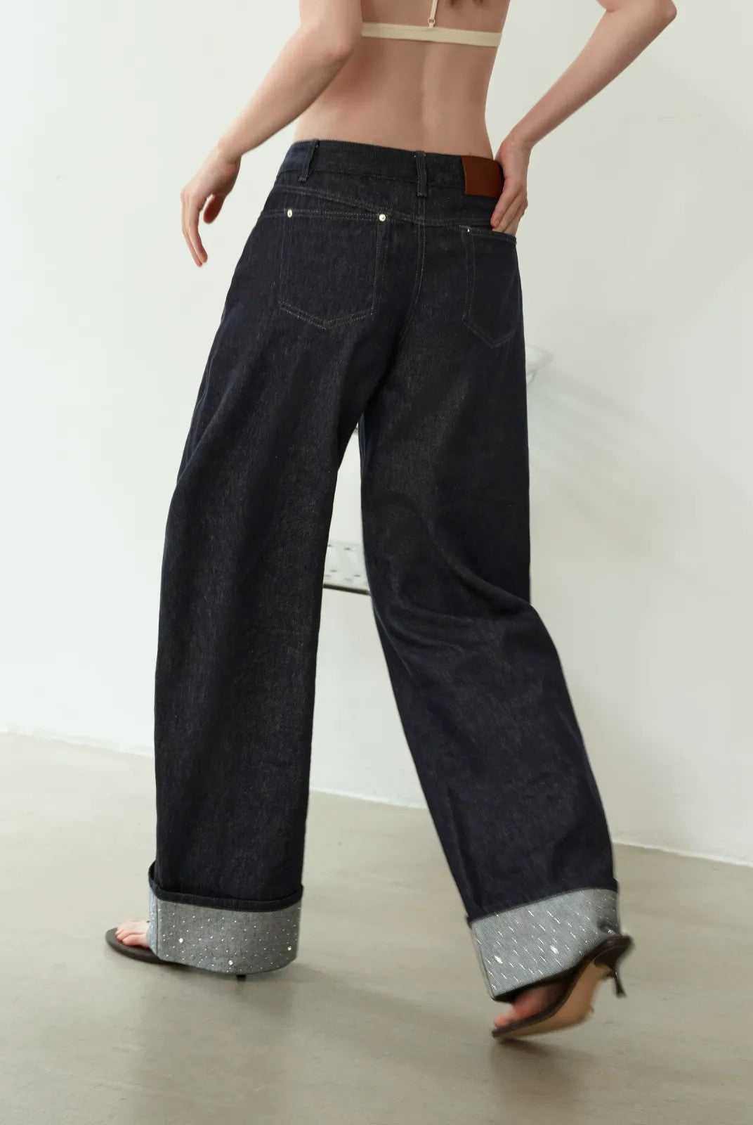 PUKI Rhinestone Cuff Curved Leg Jeans in Blue - On Model