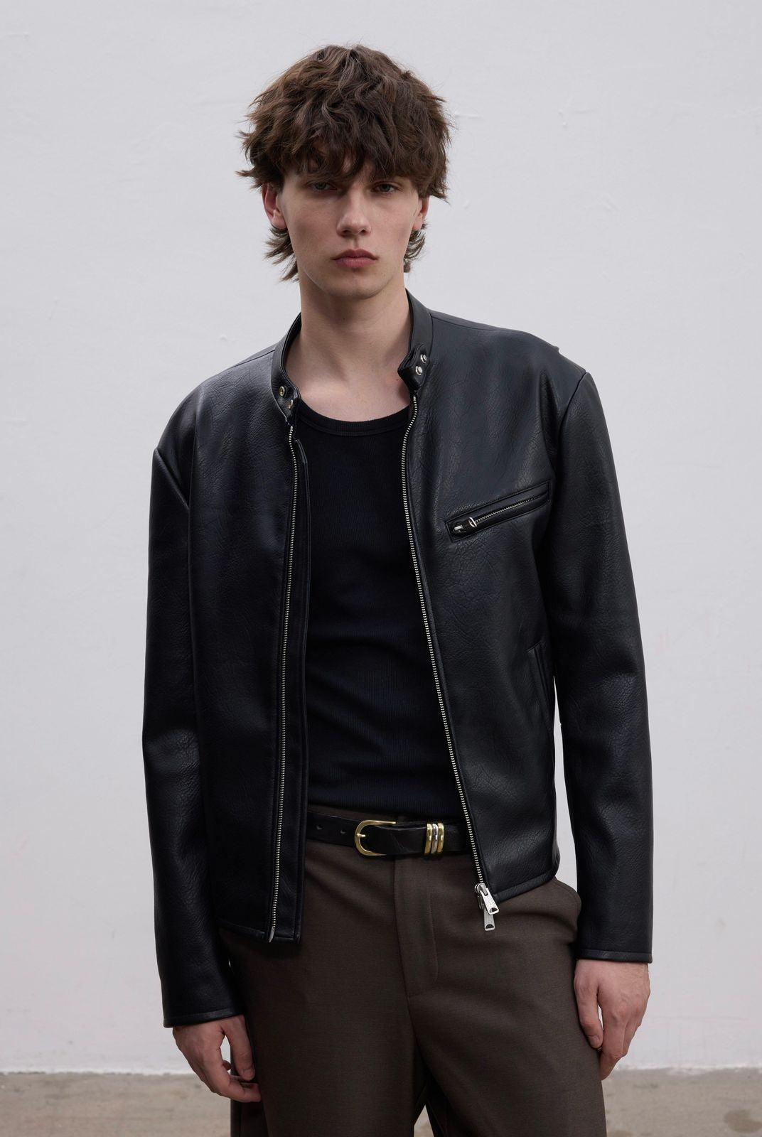 AFterTaste Slim Stand Collar Leather Jacket in Black - On Model