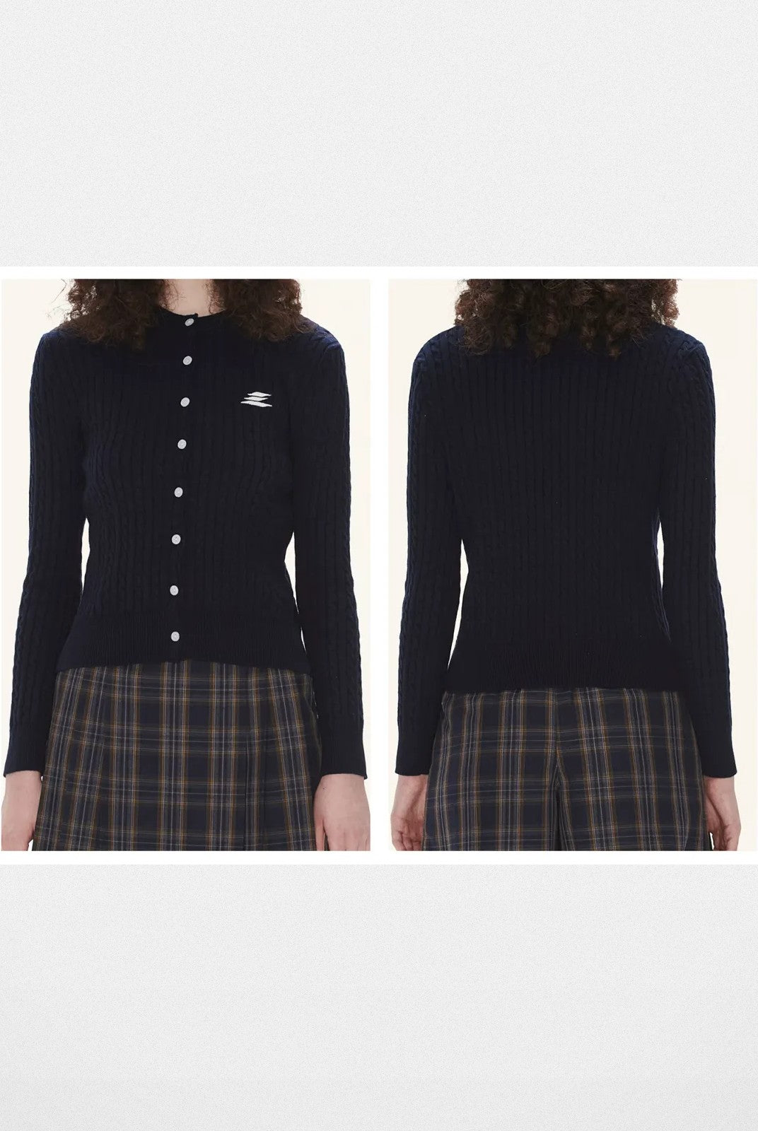 LOSTCTRL Cropped Cable Knit Cotton Cardigan in Blue - On Model