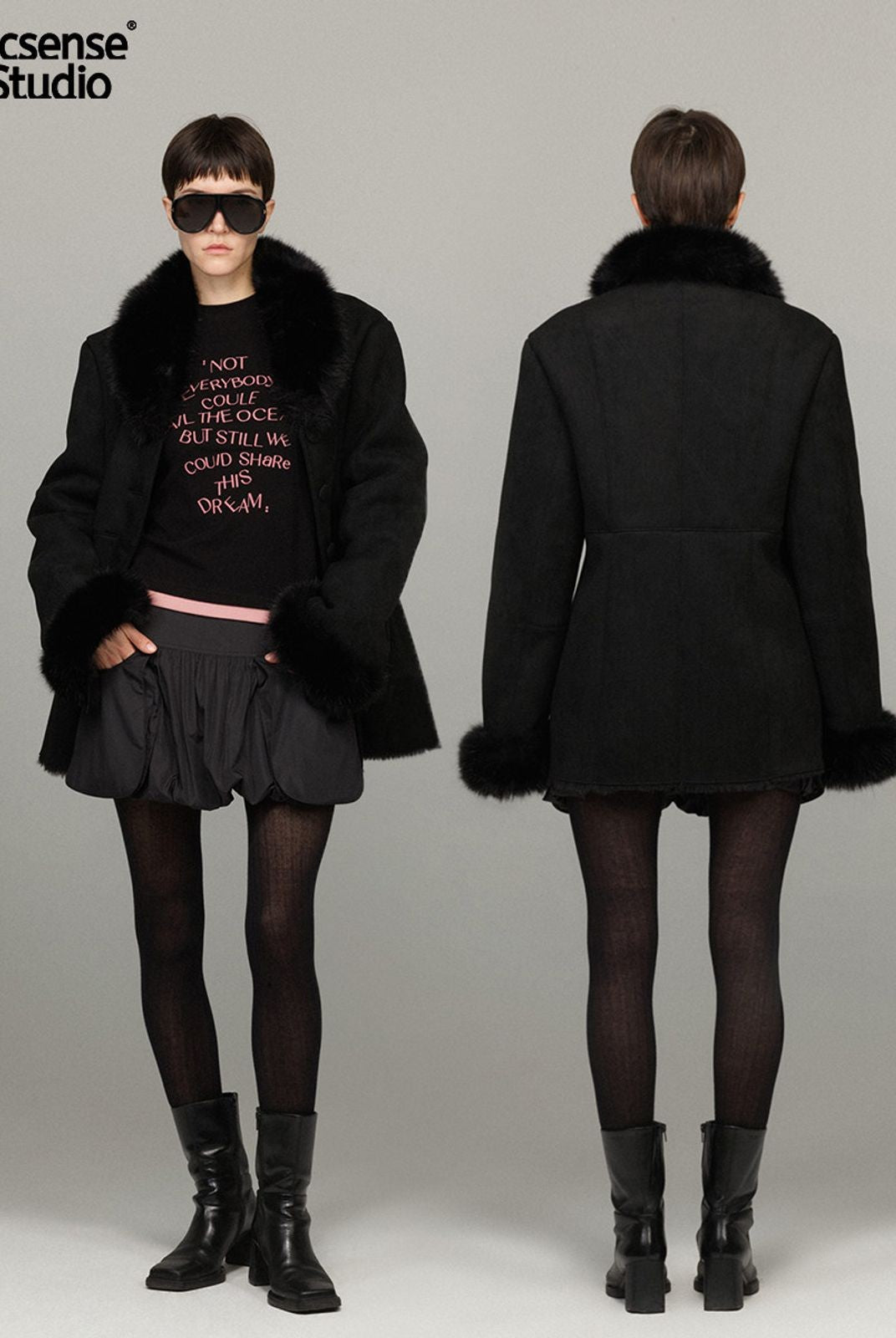 ACSENSE STUDIO Faux Suede Jacket with Faux Fur Collar in Black - On Model