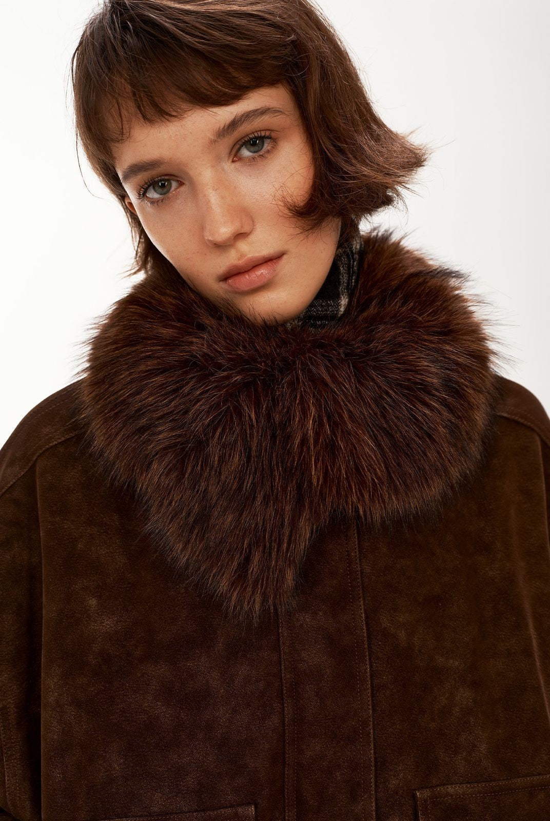 PUKI Washed Suede Parka with Fur Collar in Coffee - On Model