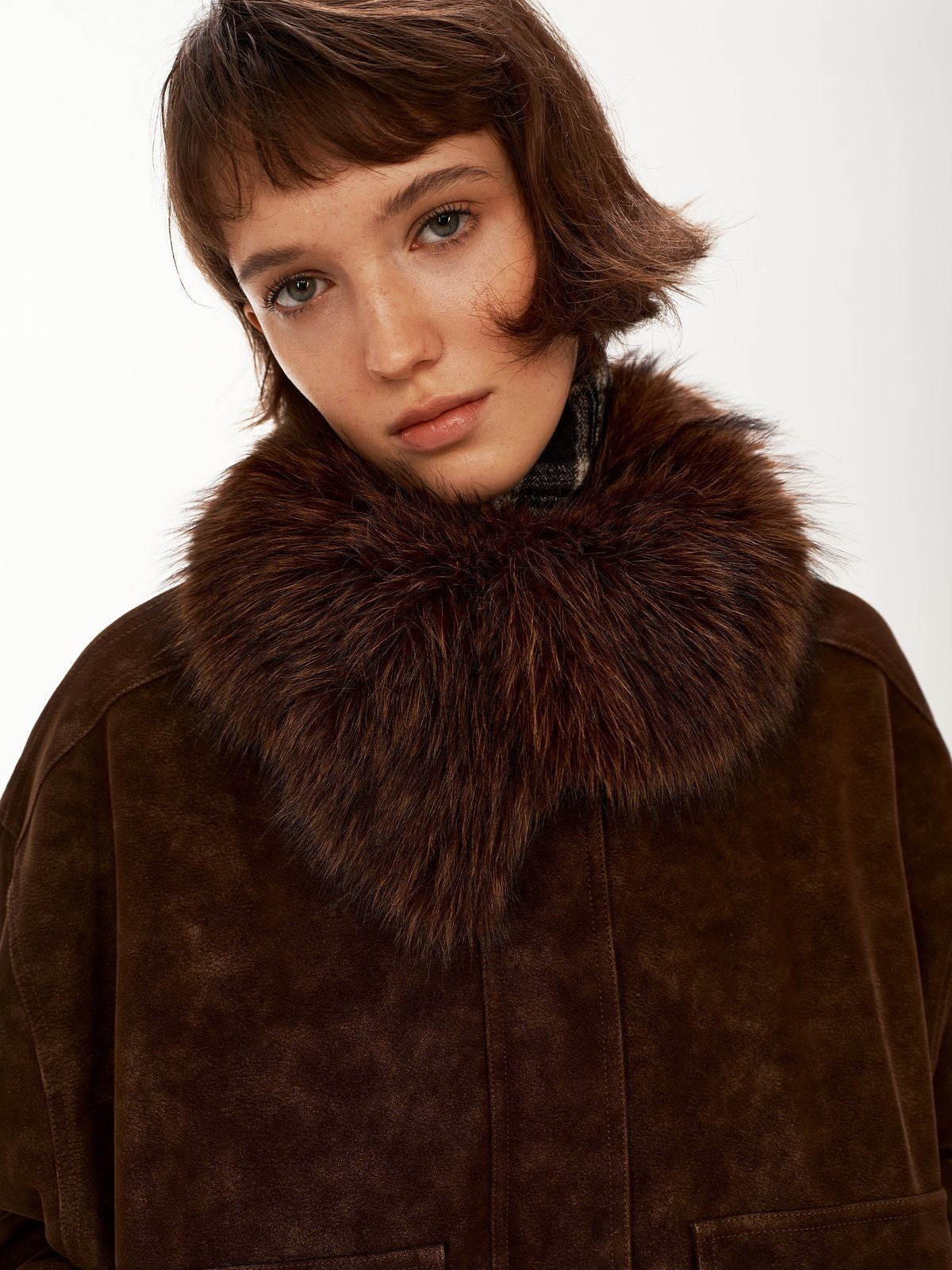 PUKI Washed Suede Parka with Fur Collar in Coffee - On Model