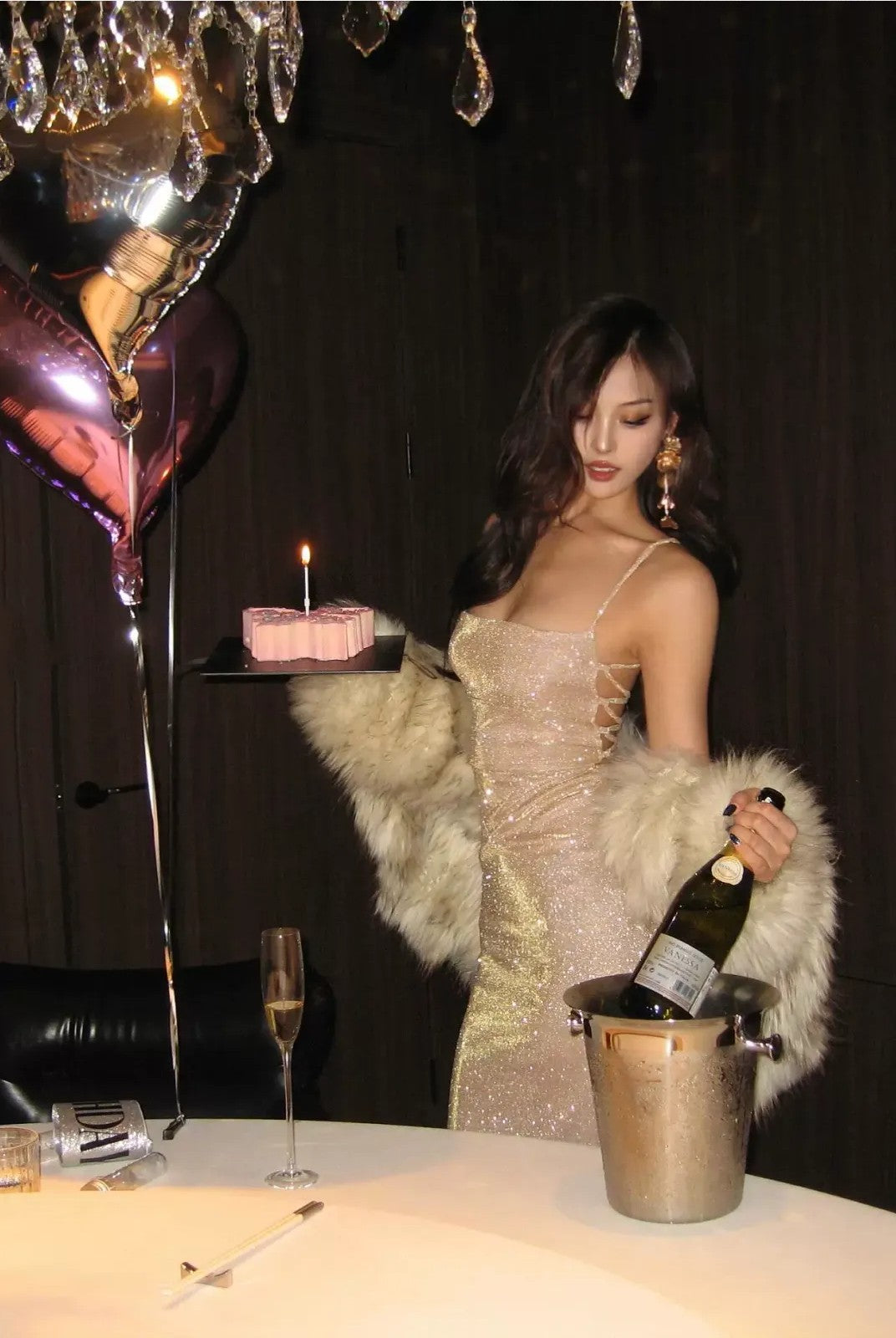 1S STUDIO Shimmer Lace Up Open Back Dress in Gold - On Model