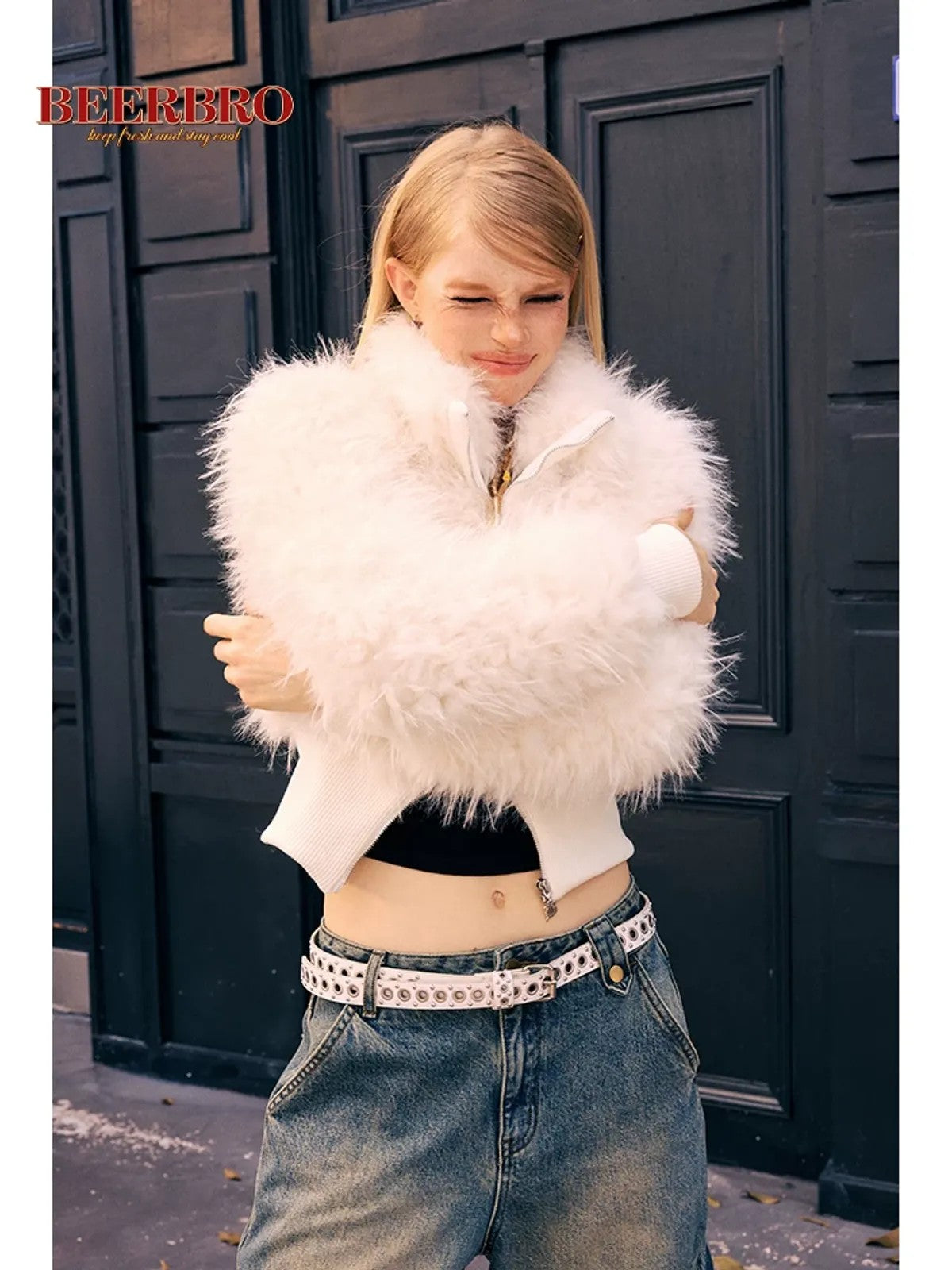 BeerBro Shaggy Faux Fur Cropped Jacket in White - On Model