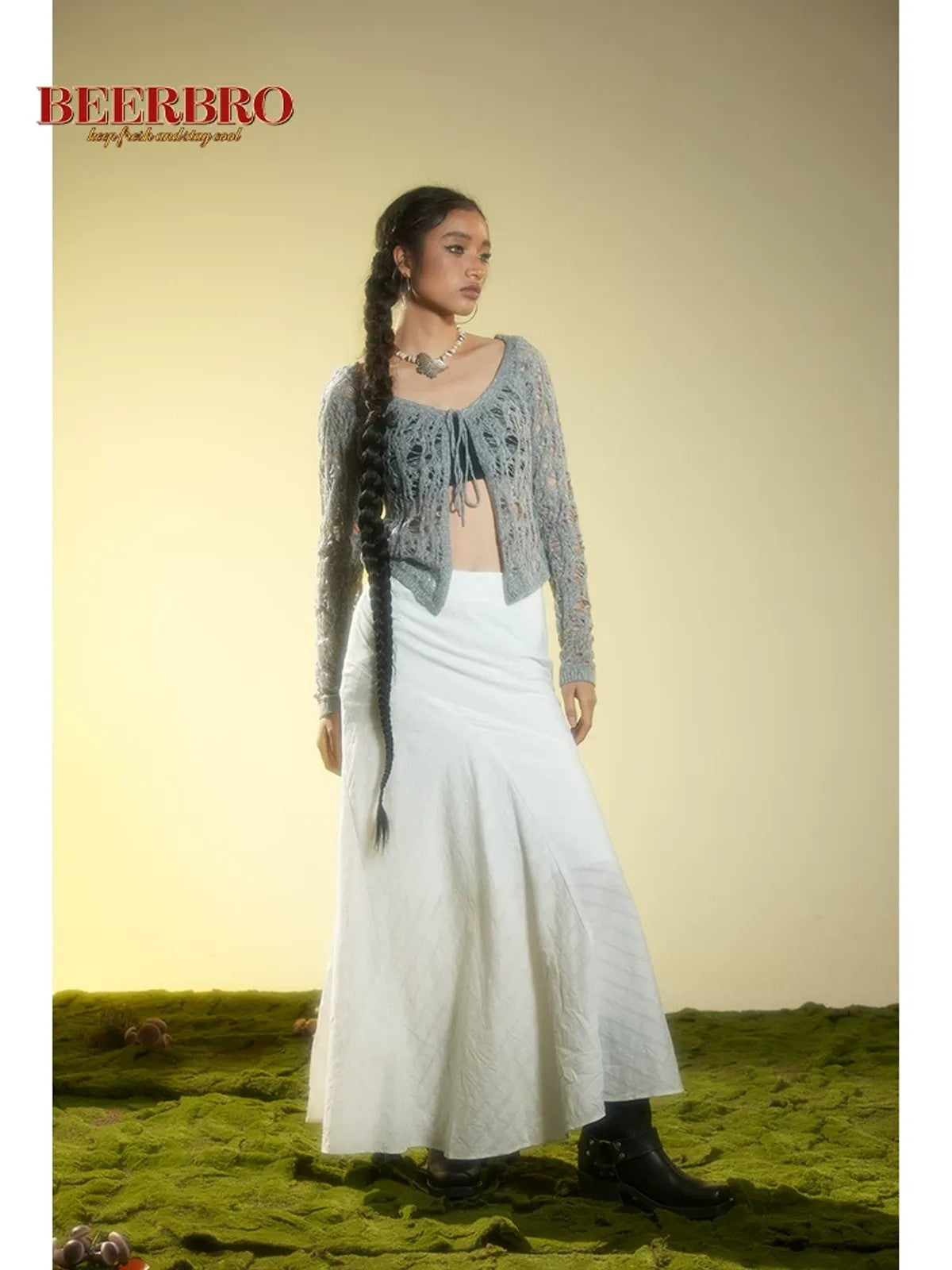 BeerBro Tie Front Distressed Knit Cardigan in Blue - On Model