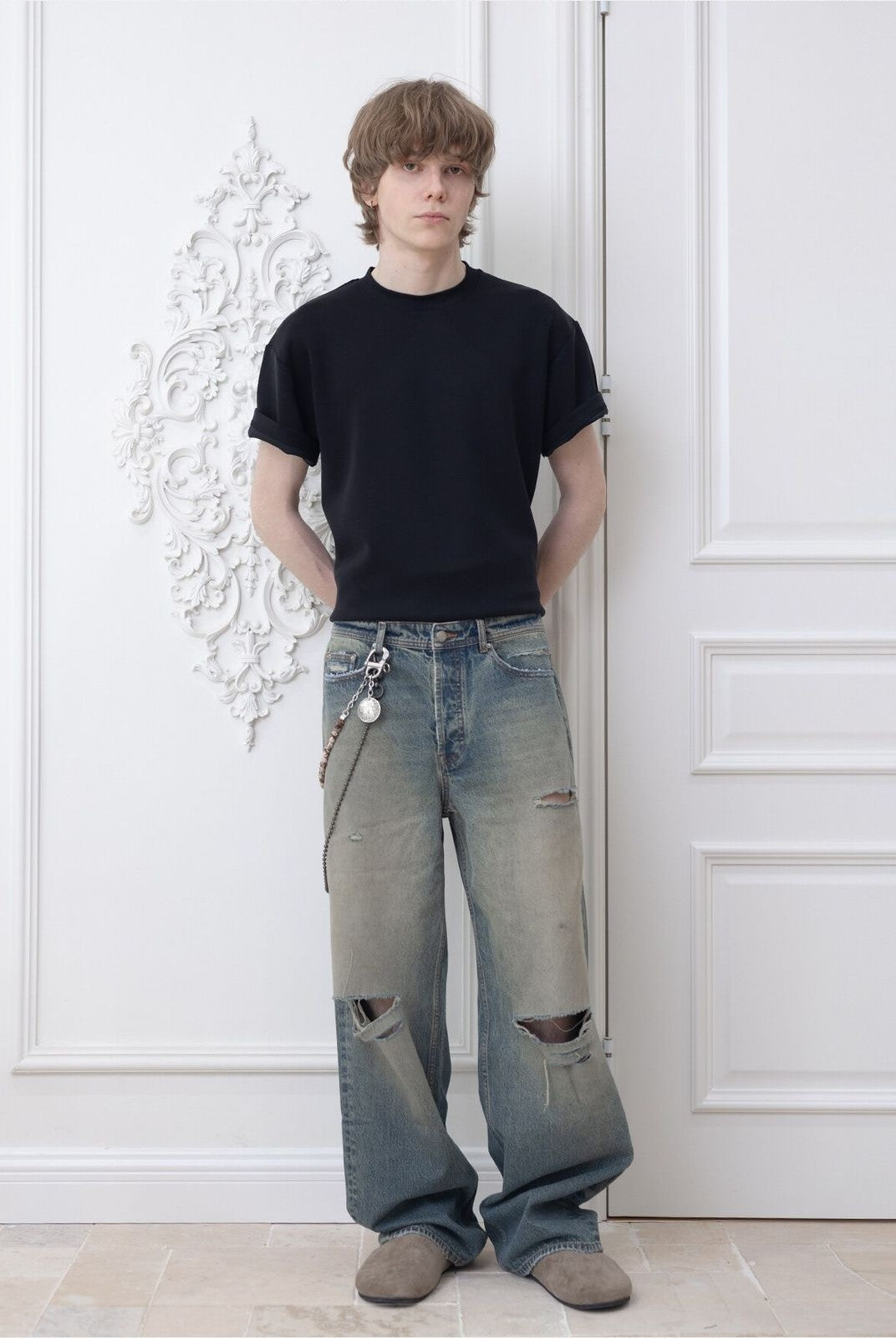 Roolrren Homme Structured Modal Air Layer T Shirt in Navy Blue - On Model