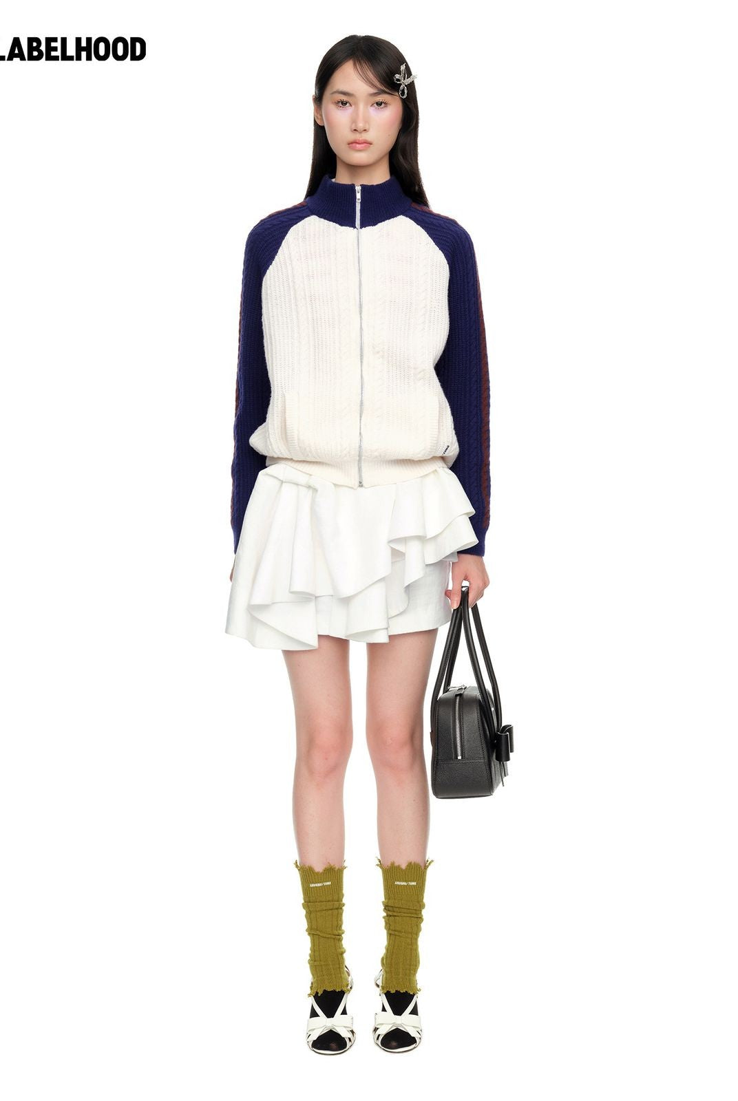 SHUSHUTONG Color Block Wool Zip Cardigan in White - On Model