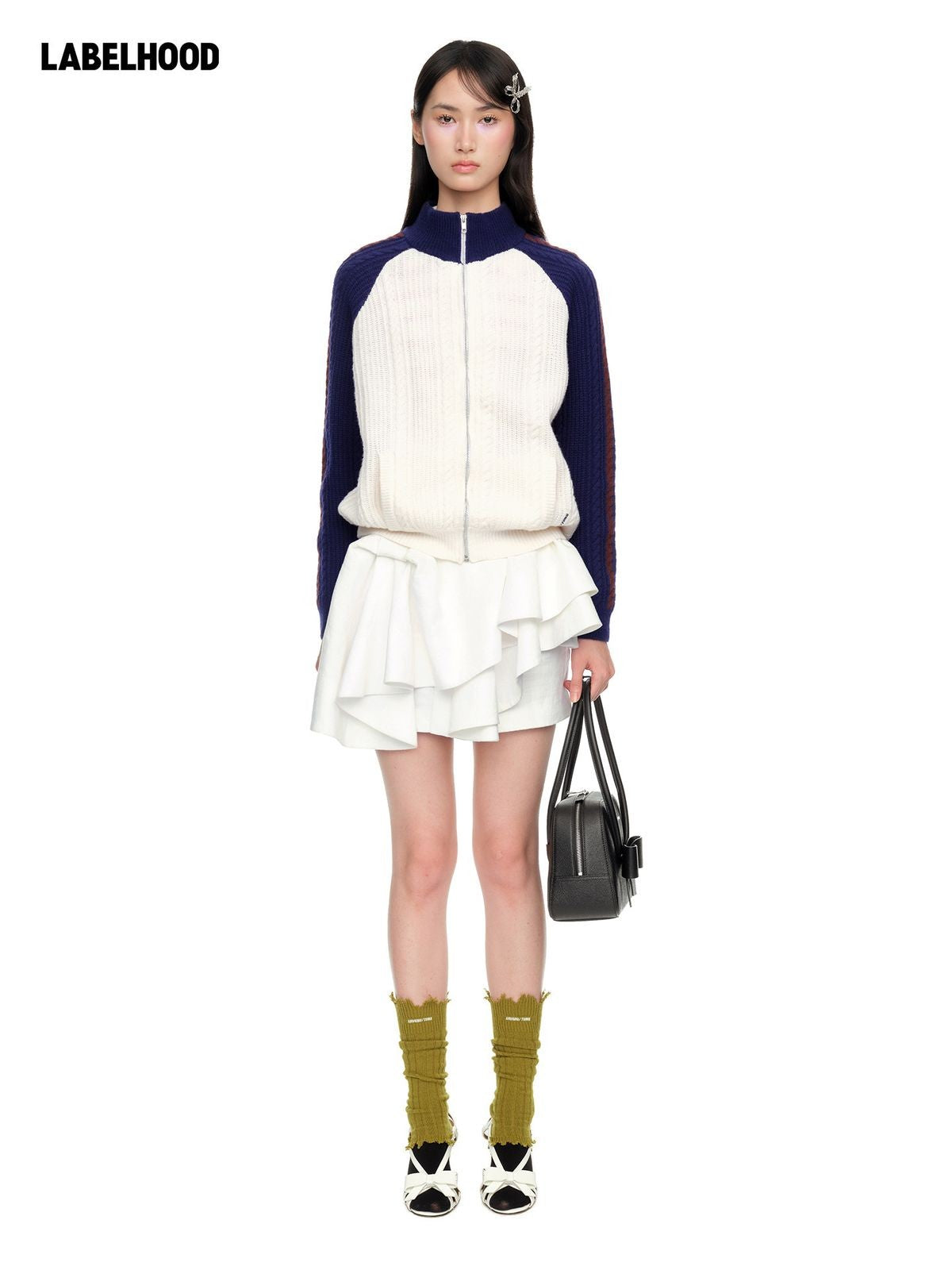 SHUSHUTONG Color Block Wool Zip Cardigan in White - On Model