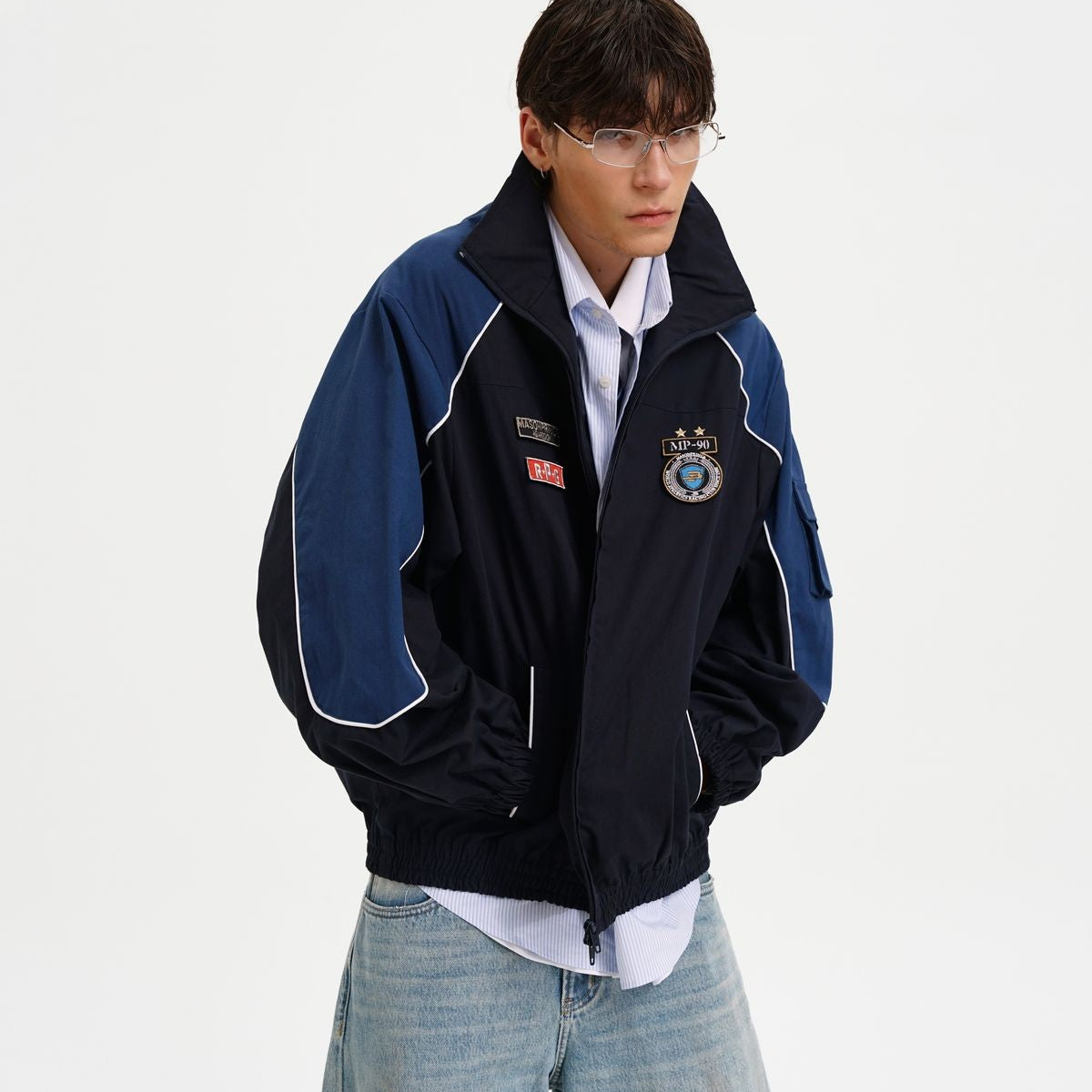 MASONPRINCE Color Blocked Badge Track Jacket in Blue - On Model #color_blue